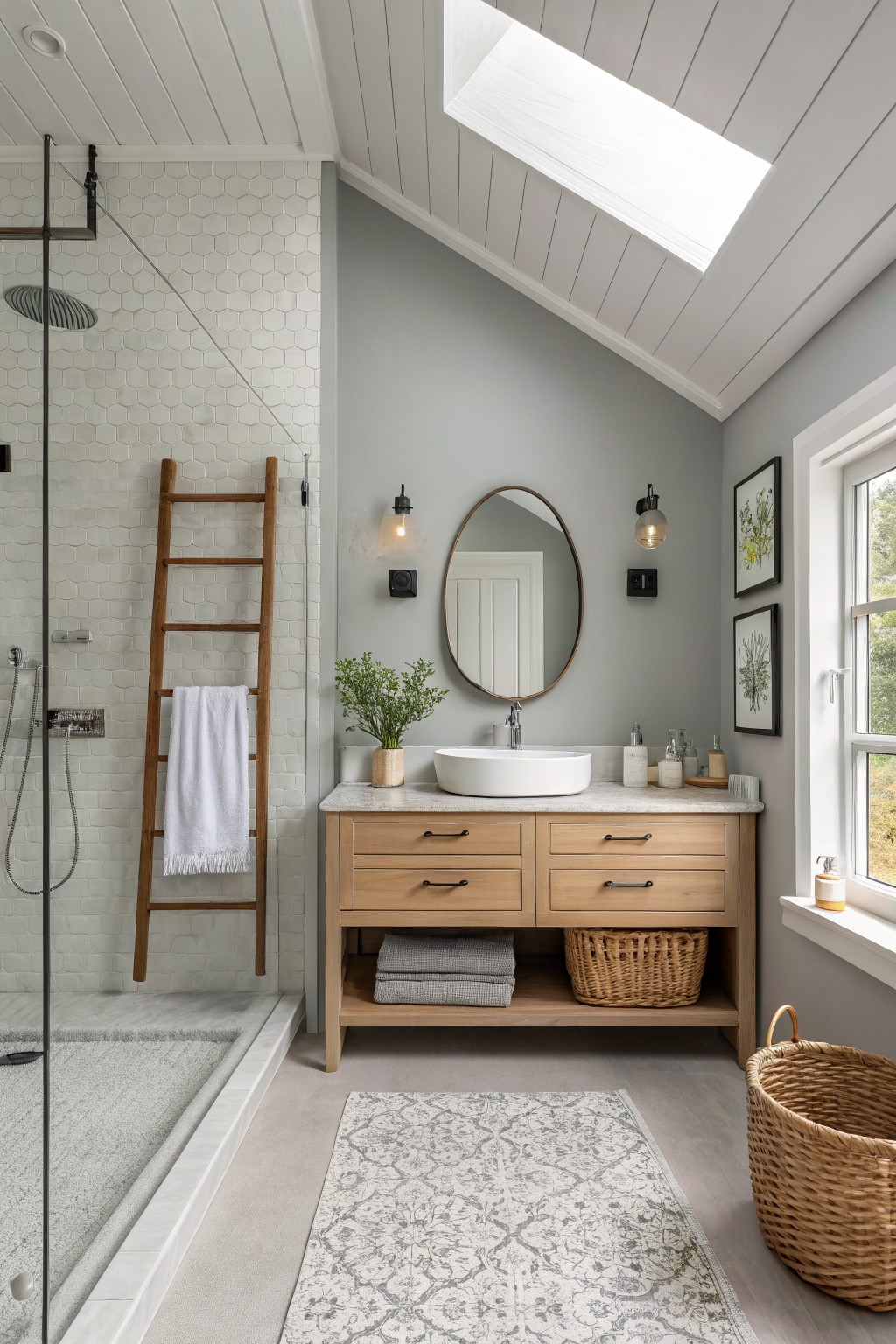 Bathroom walls painted in a soft blue gray.