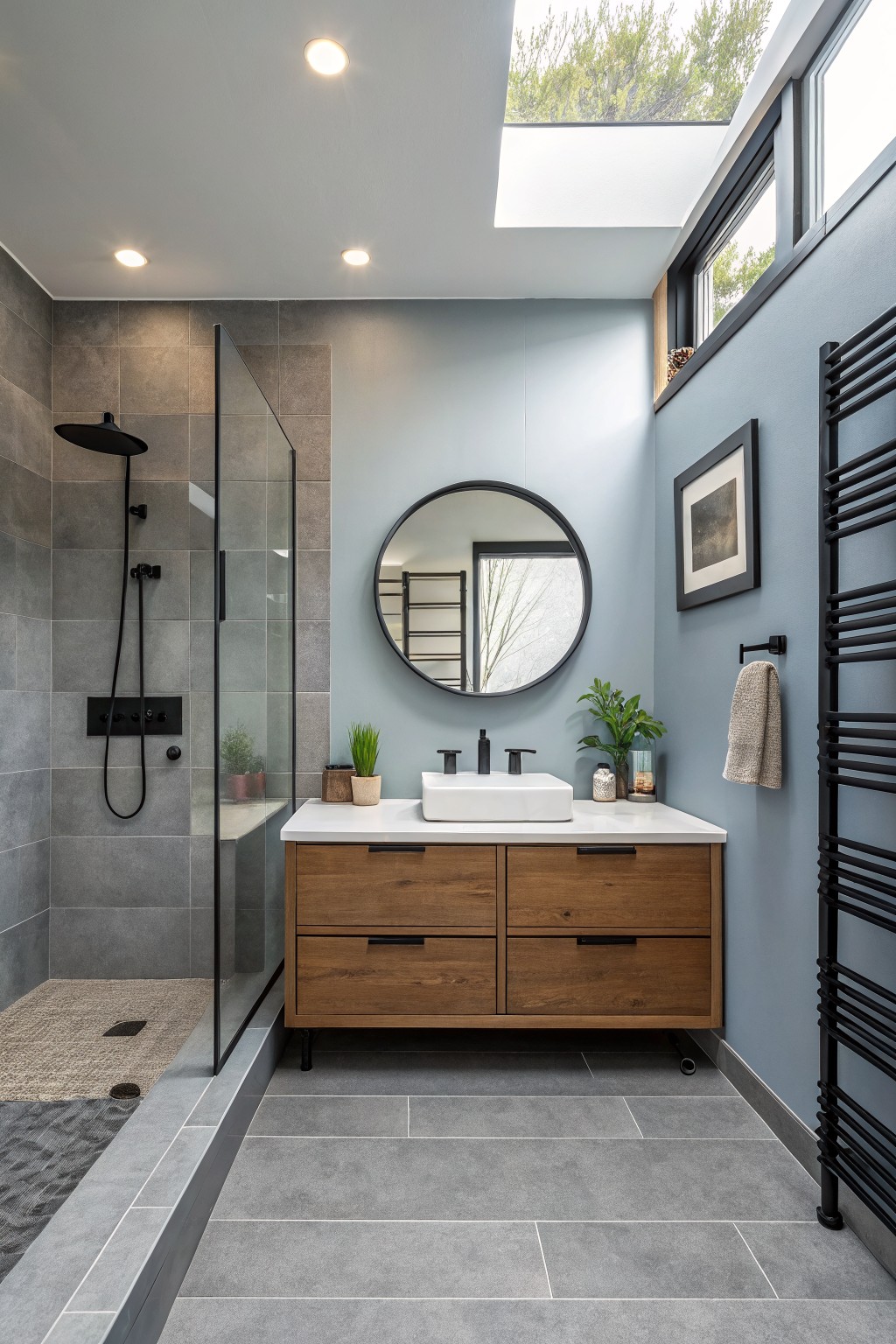 Bathroom walls painted in a soft blue gray with a white vanity below a round mirror.
