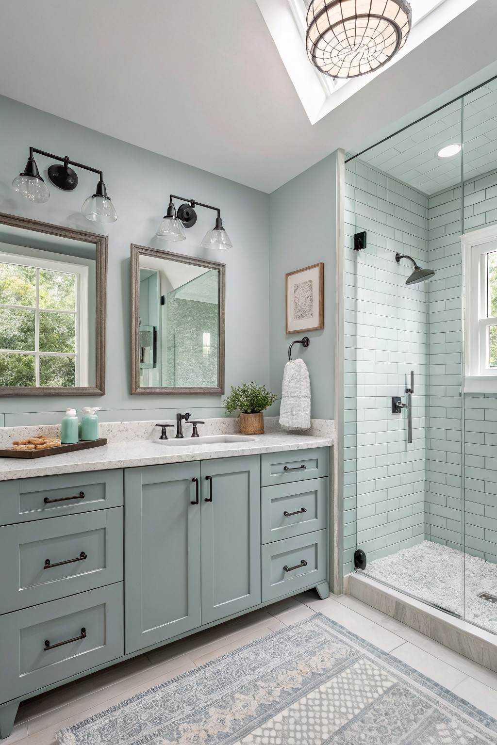 A bathroom featuring soft blue green walls with a marble vanity and glass shower.