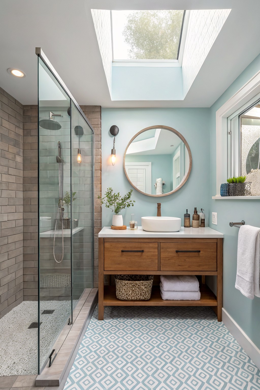 Bathroom walls painted in a soft light blue.
