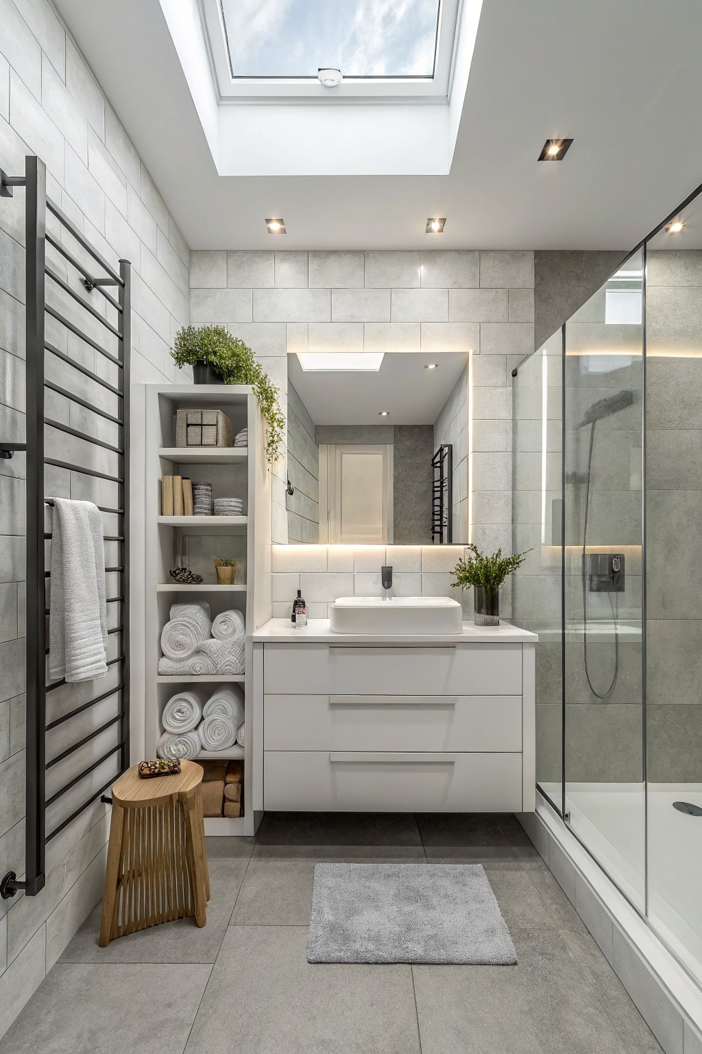 A bathroom with soft gray tiled walls and a white vanity.