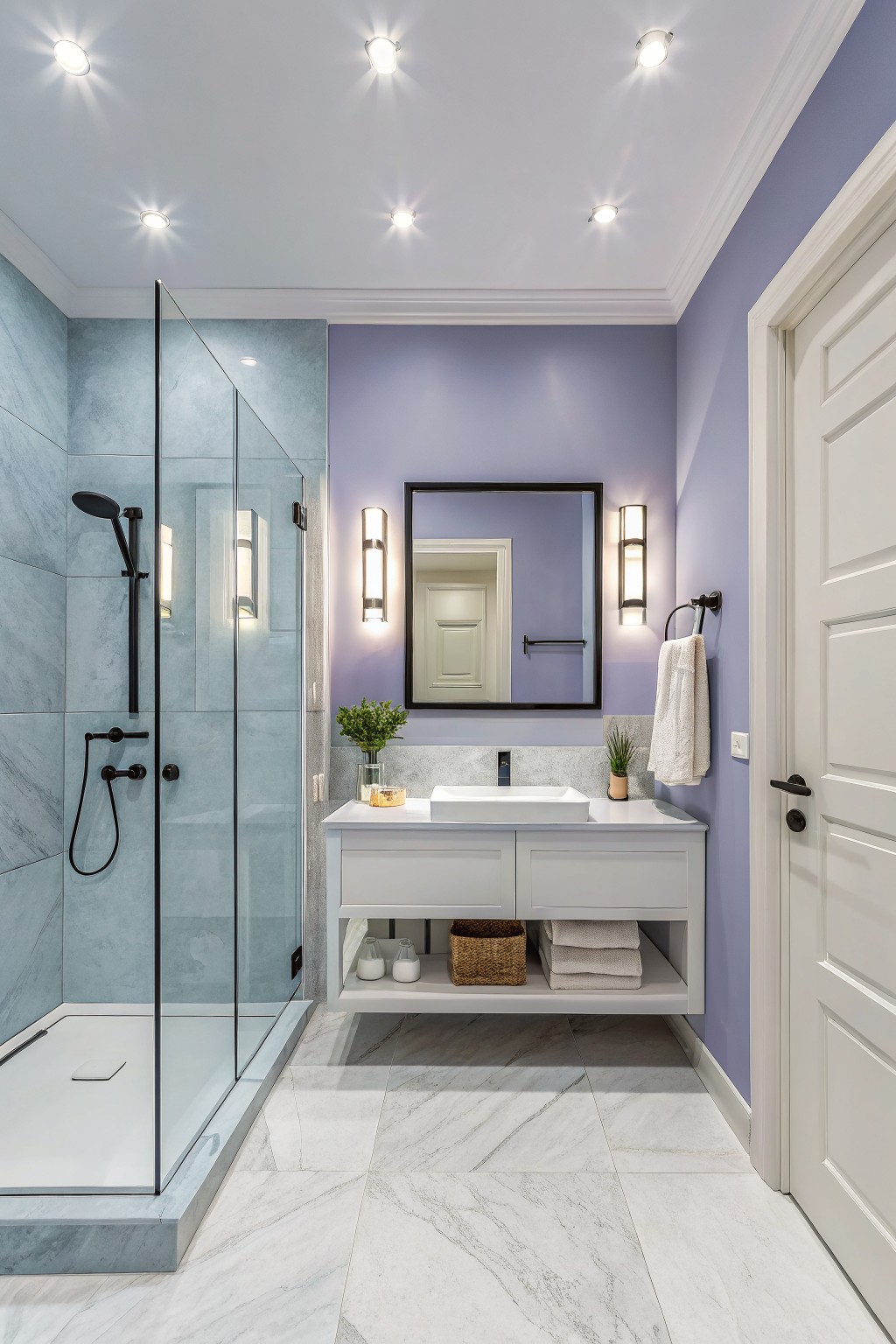 A bathroom with soft lavender walls and white vanity.