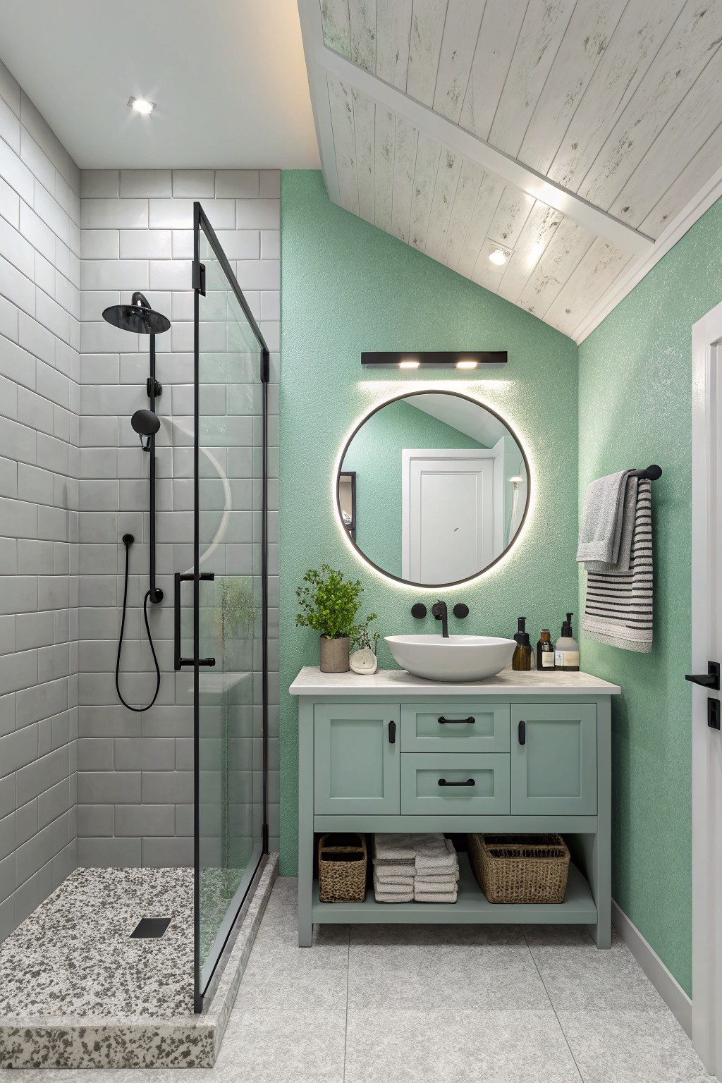 A bathroom featuring soft mint green walls behind a white vanity and round backlit mirror.