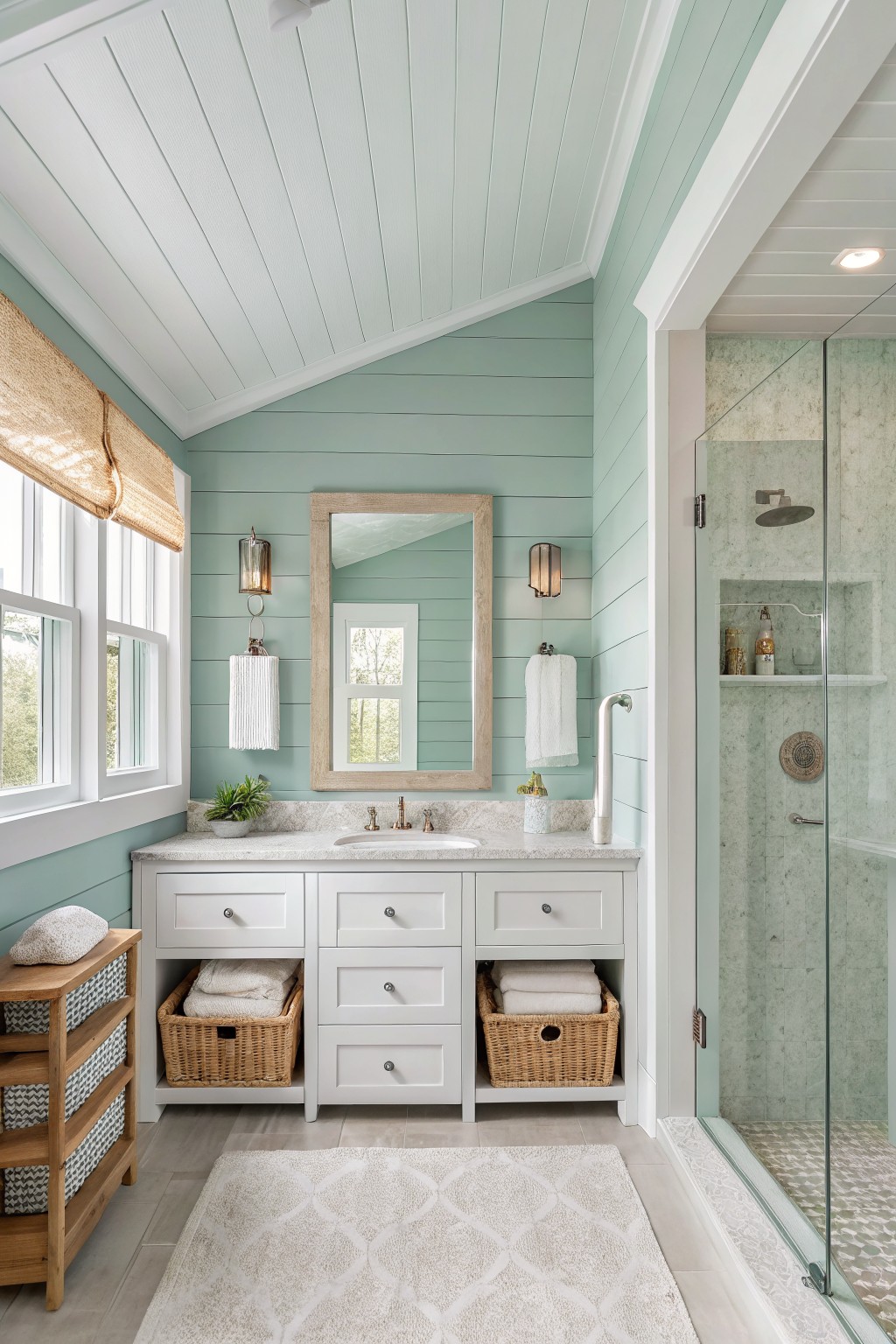 Light mint green walls in a bathroom with white vanity and marble countertop.