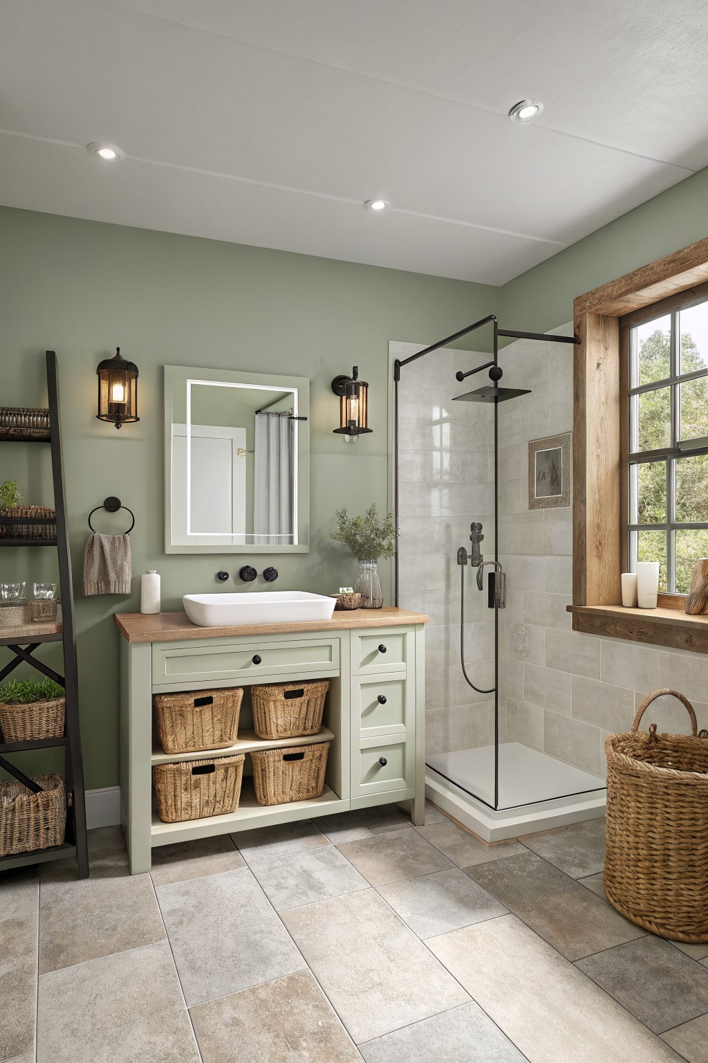 Sage green bathroom with wooden vanity, white vessel sink, glass shower, and wicker baskets.