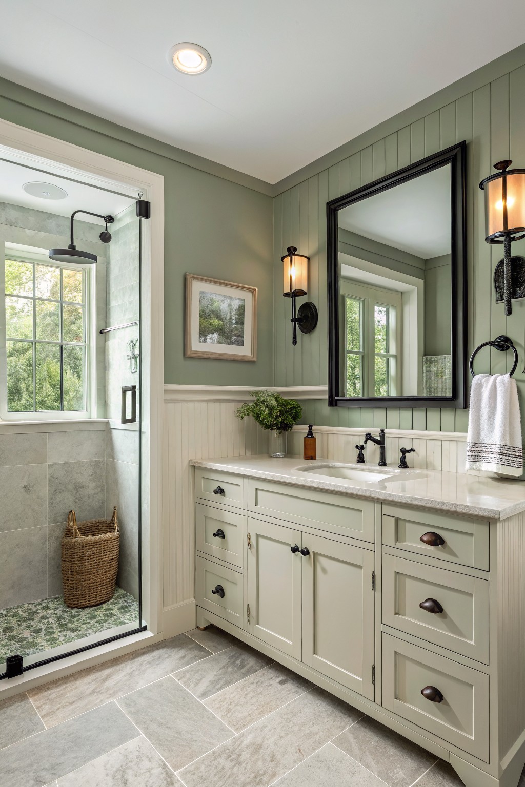A bathroom with soft sage green walls above white beadboard wainscoting.
