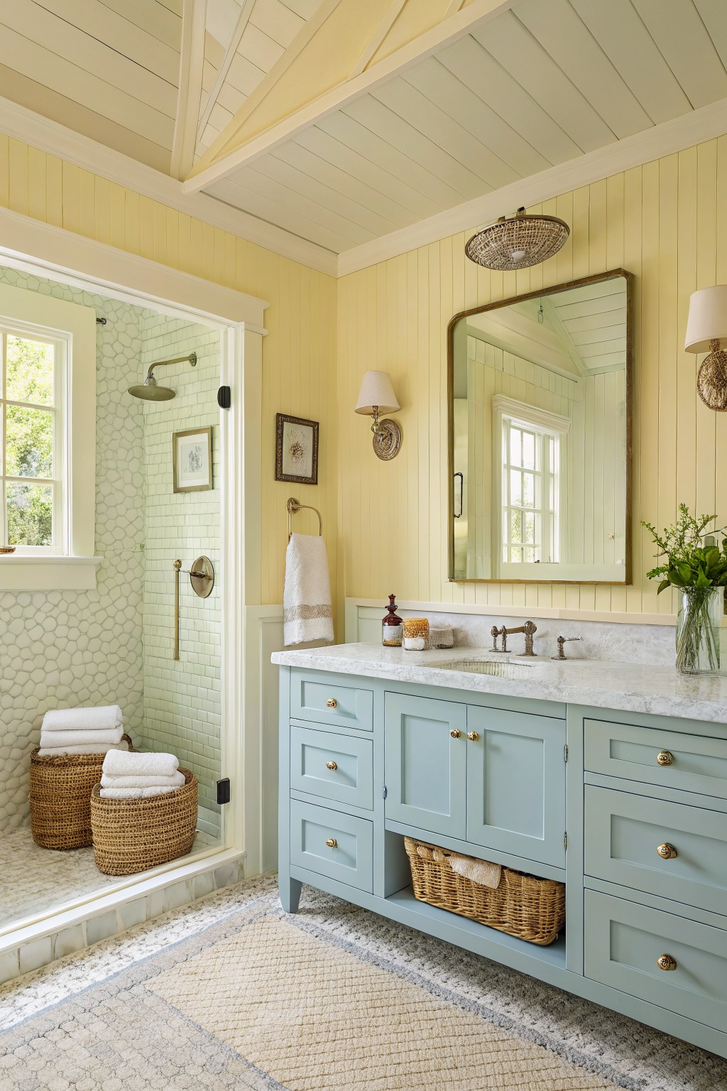A bathroom with soft yellow green walls and a light blue vanity.