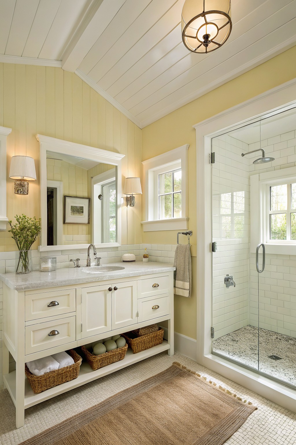 Bright yellow bathroom with white vanity, marble sink, mirror, and glass shower.