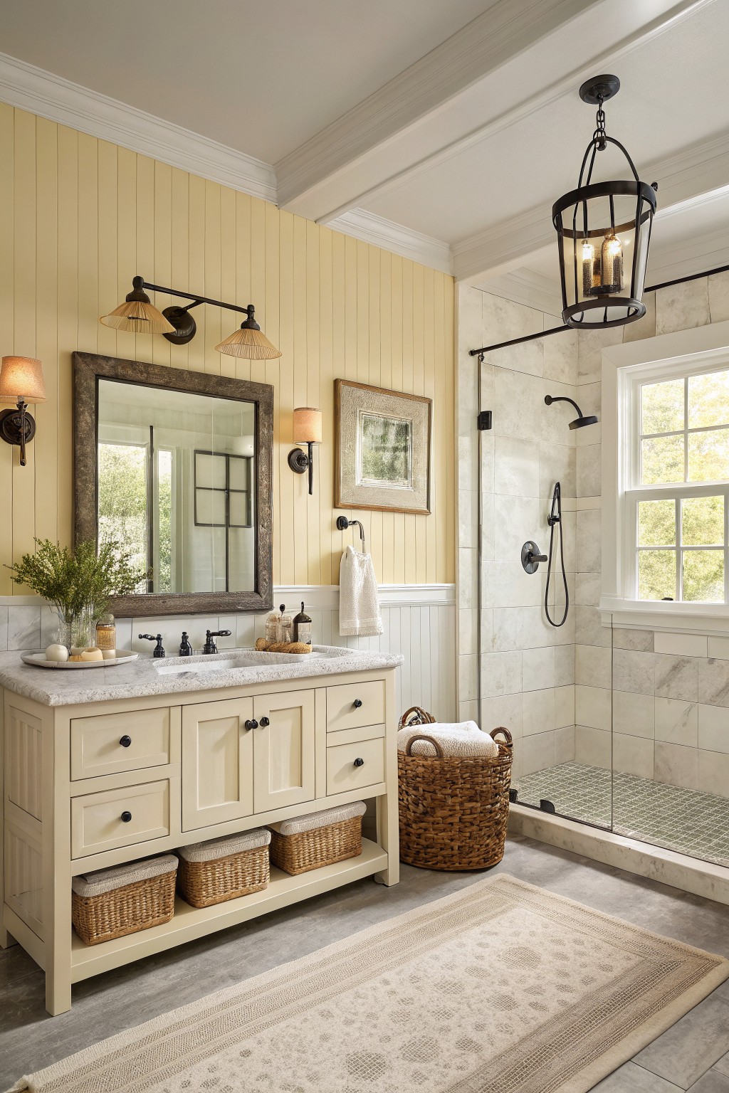 Bathroom with pale yellow walls above white wainscoting and a white vanity.