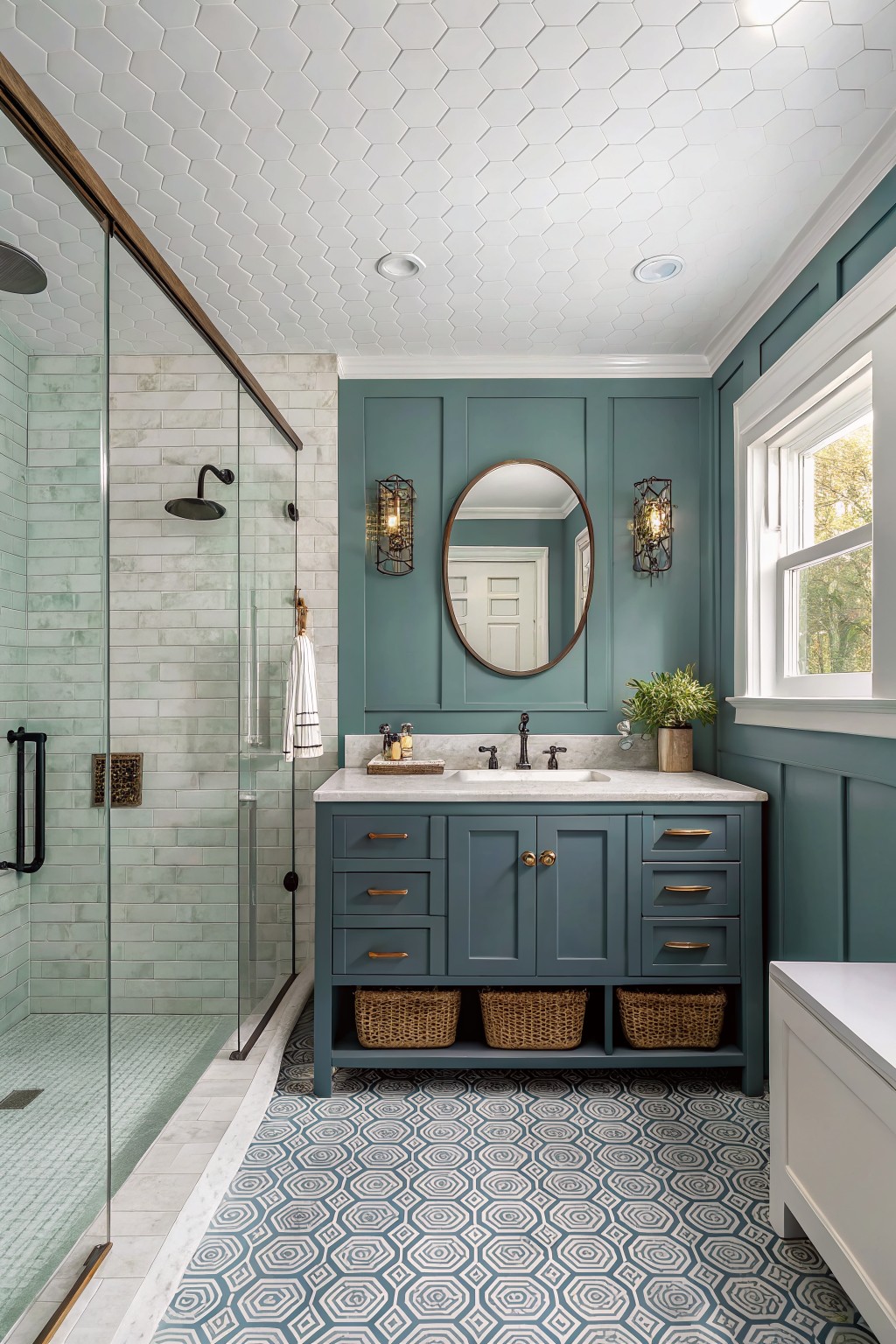 Modern teal bathroom with marble vanity, oval mirror, patterned floor, and shower.