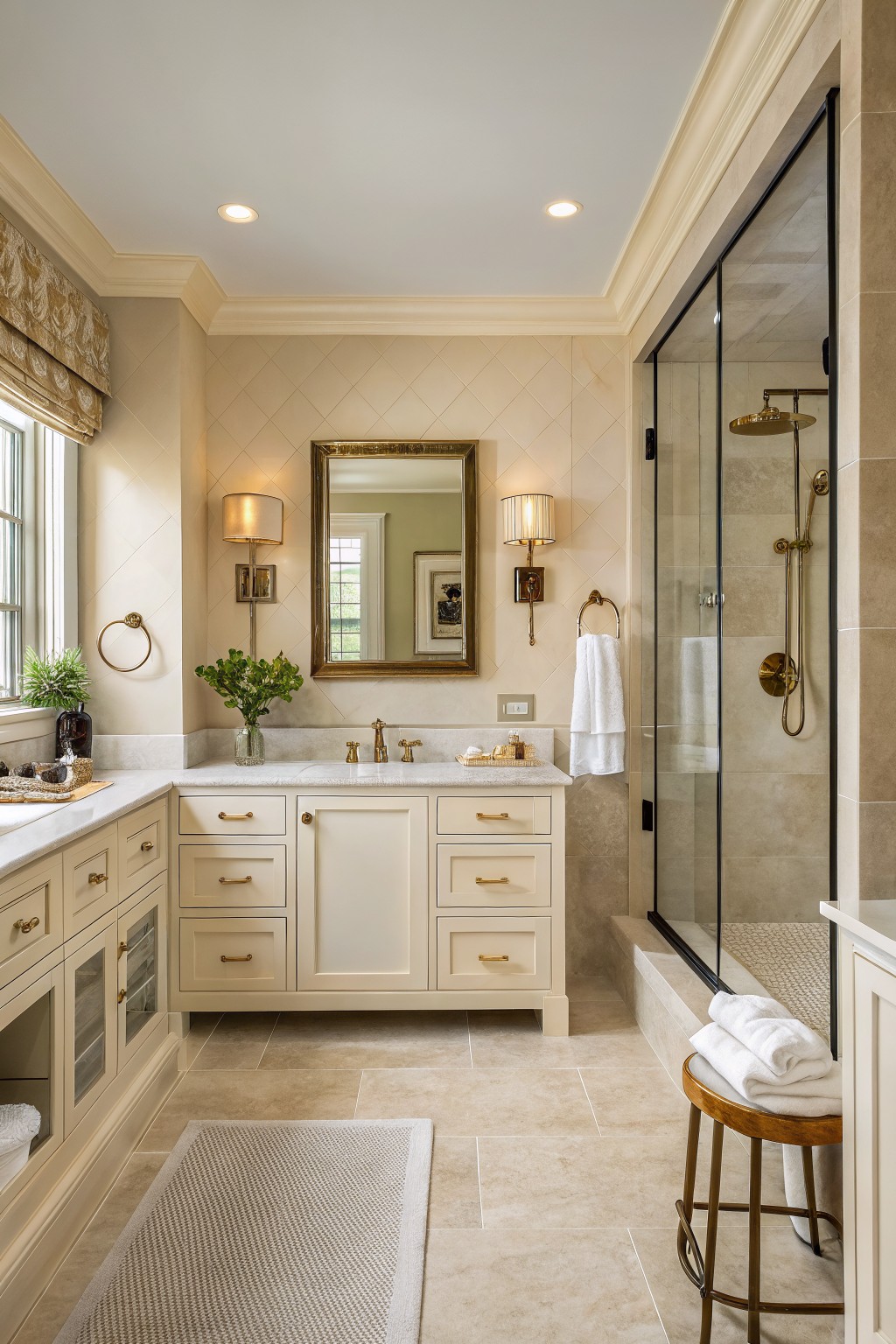 Bathroom with warm beige walls and cream vanity cabinetry.