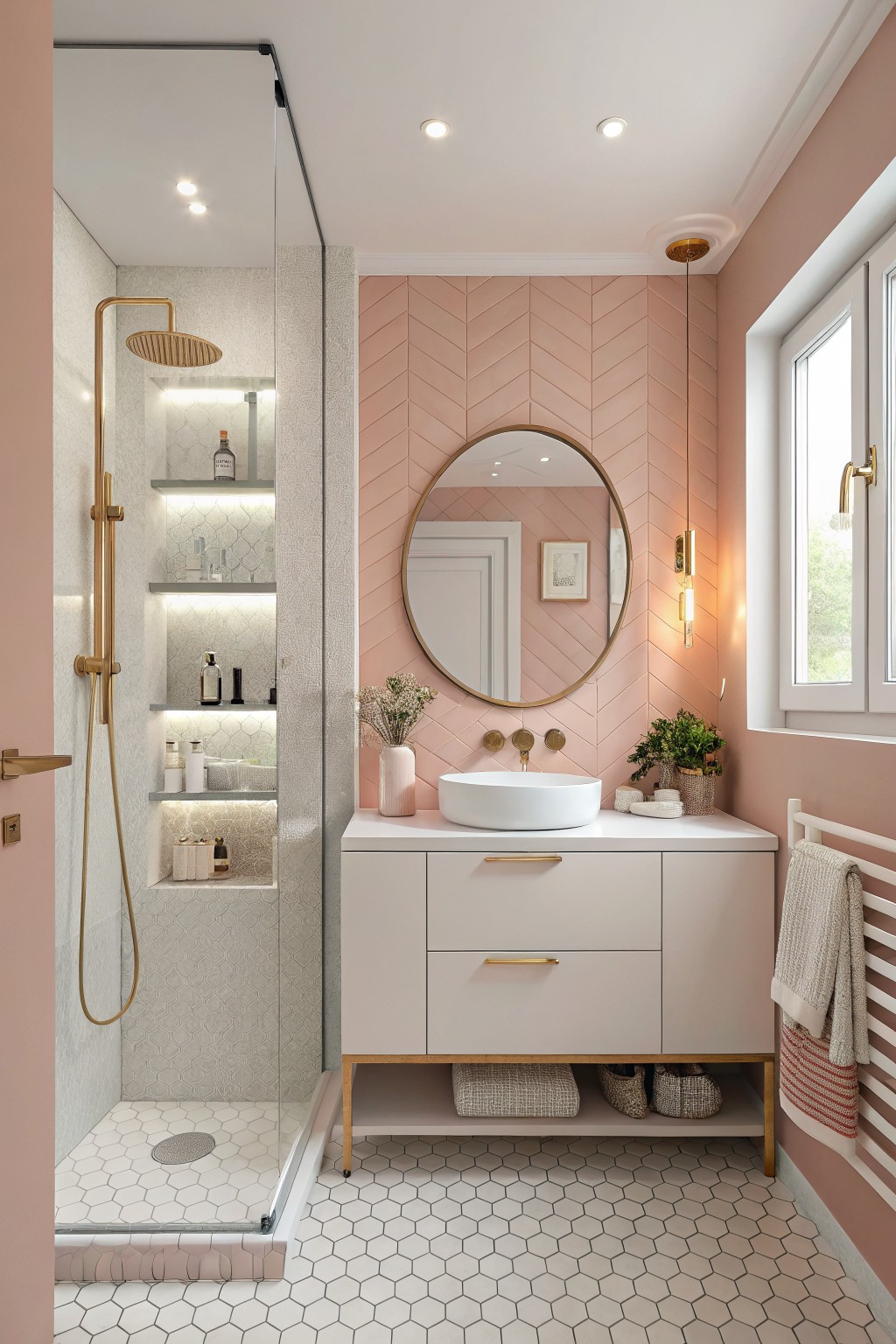 A bathroom with soft pink walls and herringbone accent tile behind a white vanity.