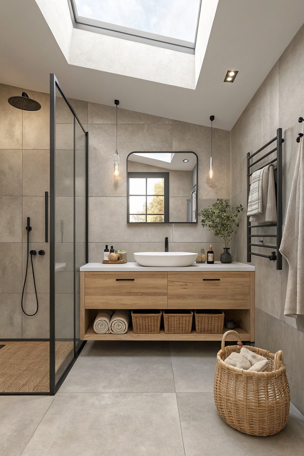 Light greige walls in a modern bathroom with a wood vanity and skylight.