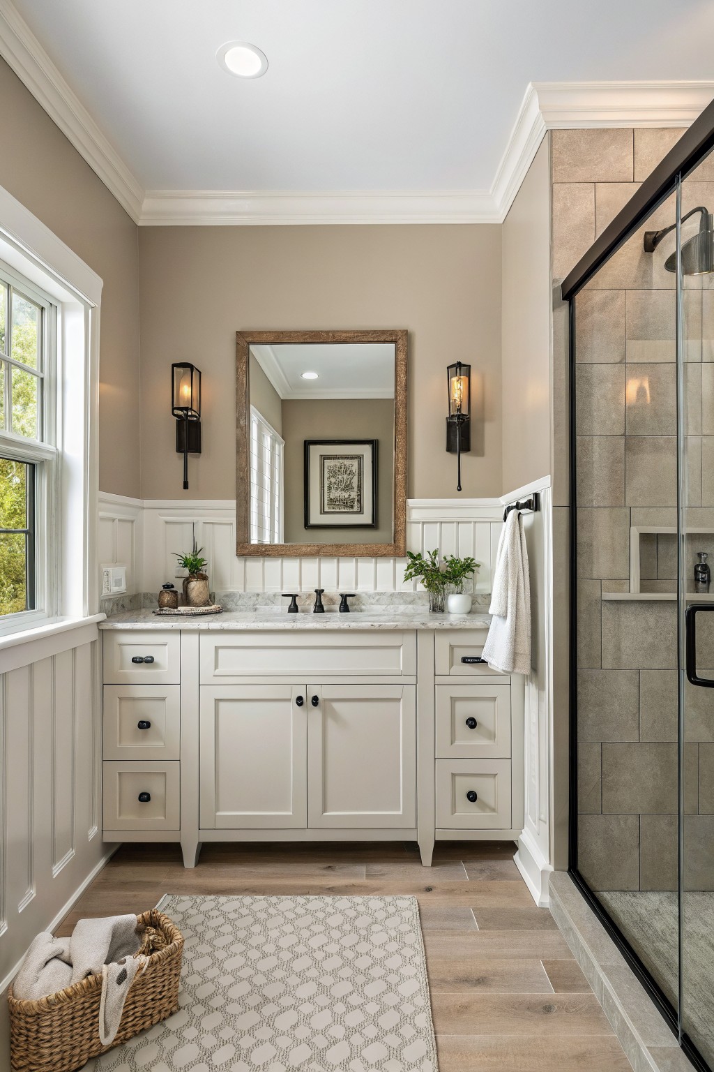 Modern bathroom with white vanity, marble countertop, framed mirror, and tiled shower.