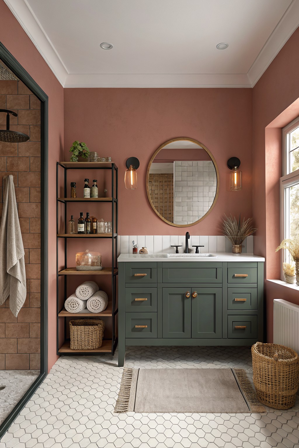 A bathroom with warm terracotta pink walls and a dark green vanity.