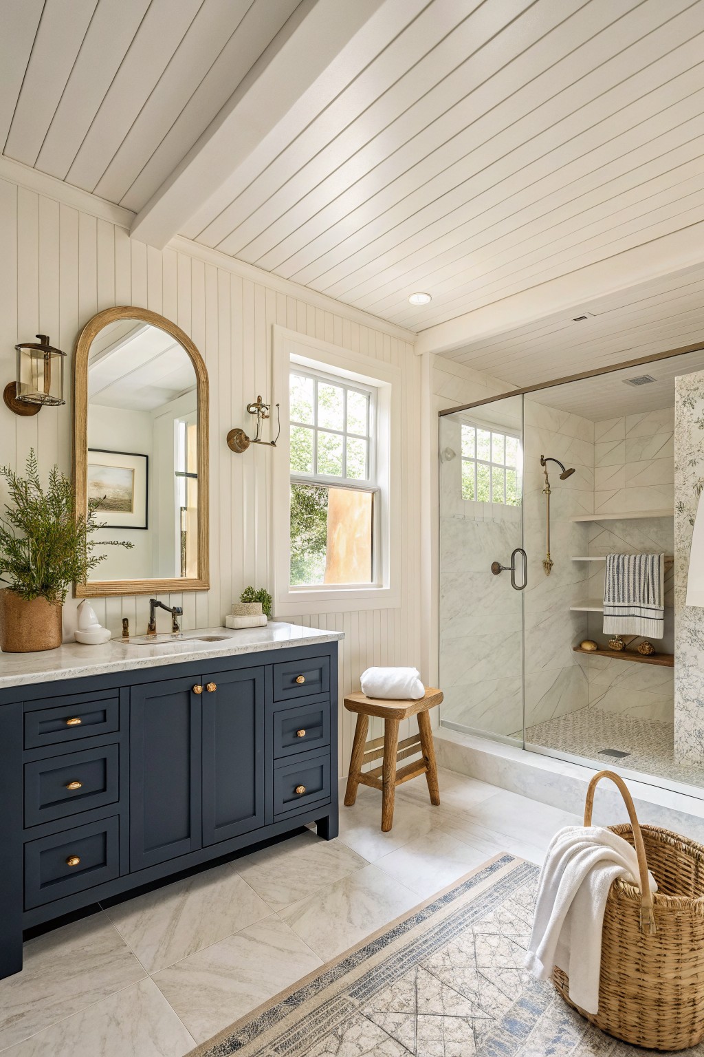 Navy blue vanity with marble countertop, arched mirror, wooden stool, and glass shower.