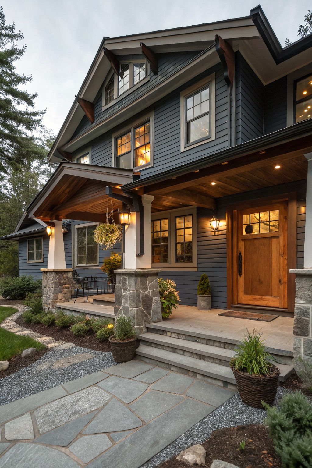 A Craftsman house with blue gray siding and stone details on the porch.