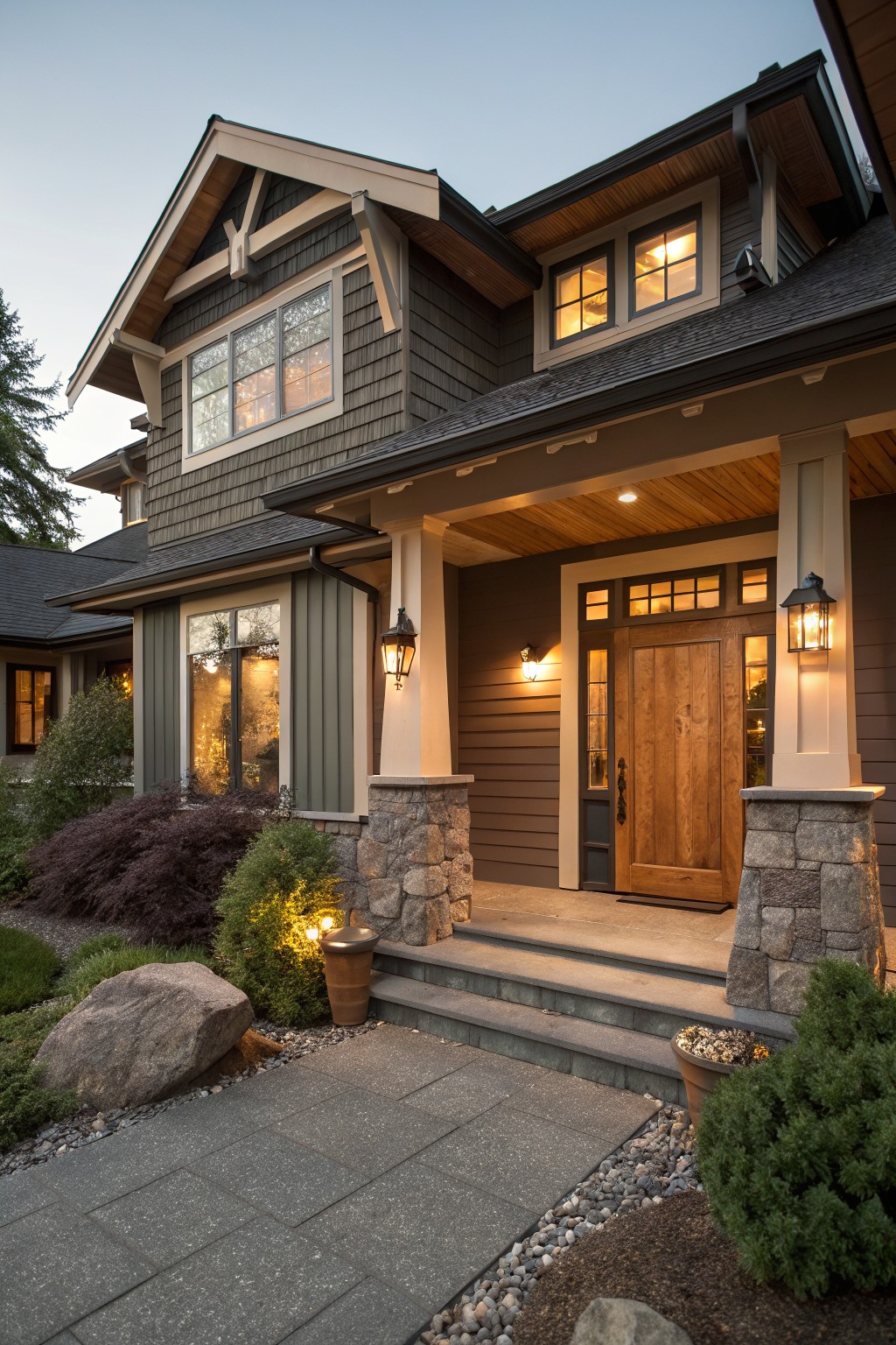 Dark gray siding on the exterior of a craftsman style home.