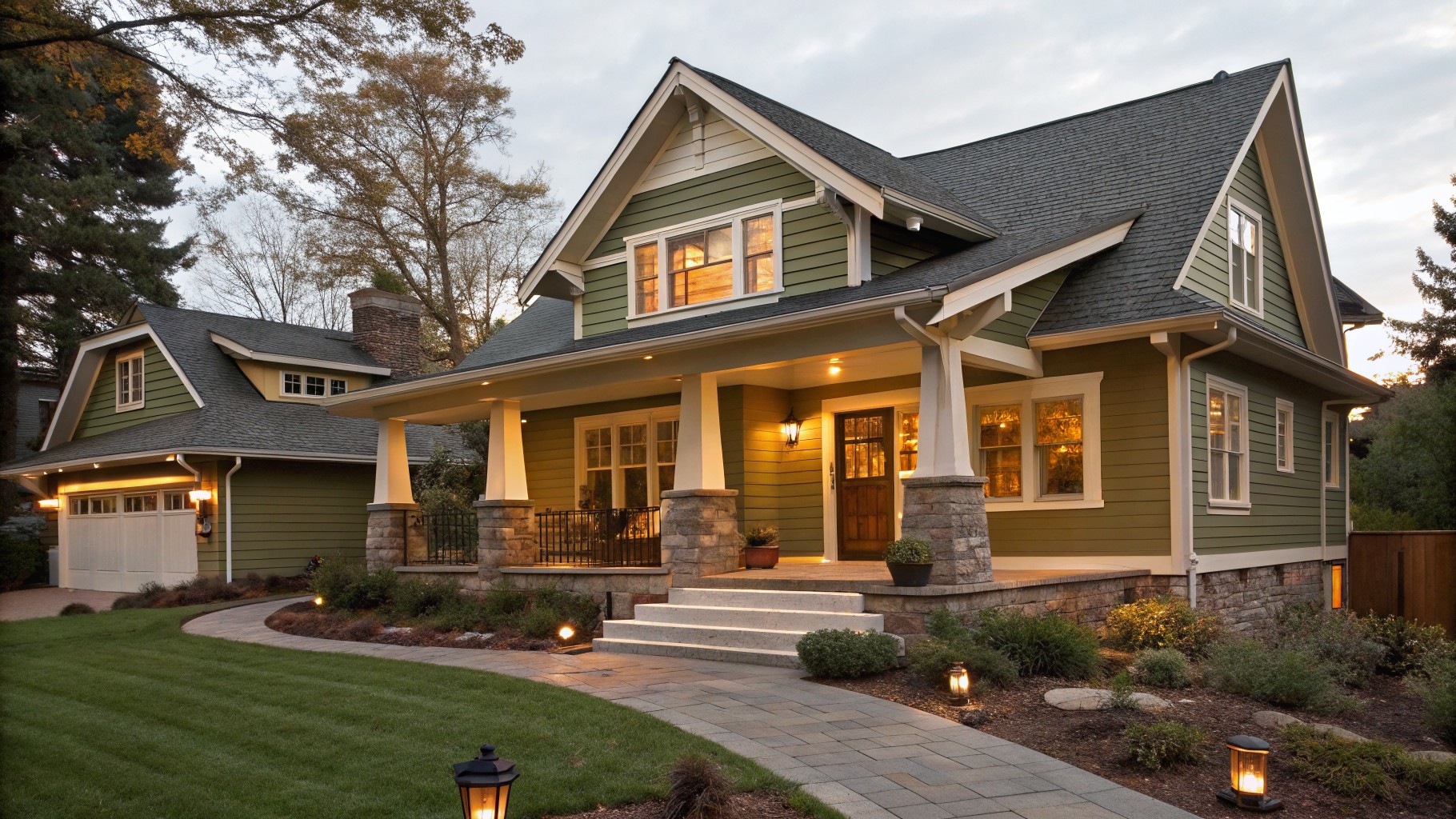 A Craftsman house with soft sage green siding and stone bases.