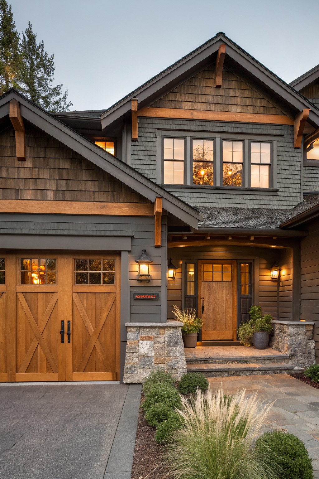 Modern craftsman home with gray shingles, wooden garage doors, and lit porch at dusk