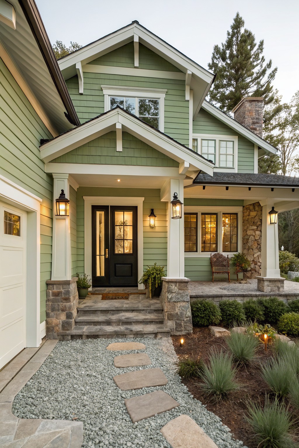A craftsman home with soft green siding and white trim.