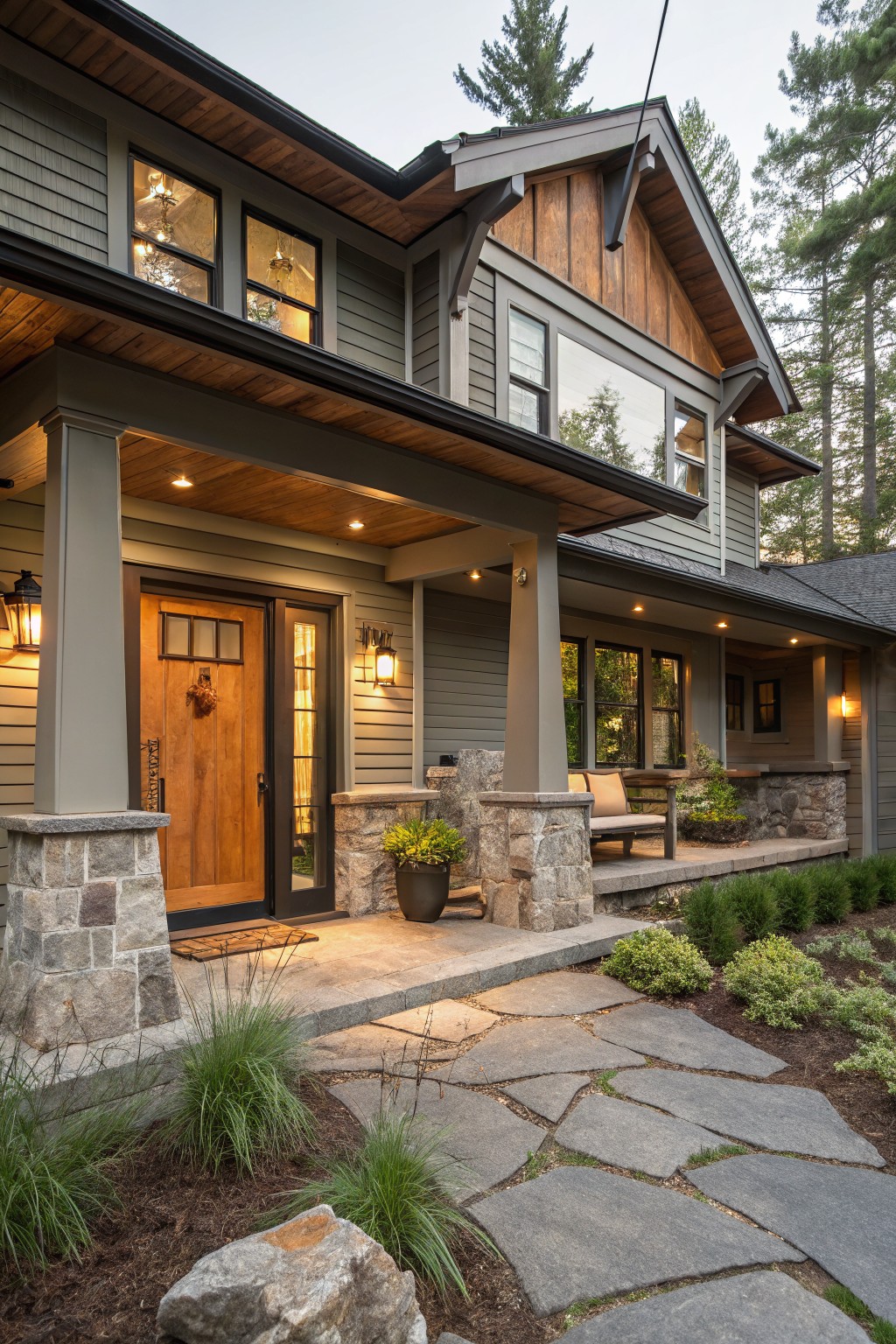 Modern gray house with stone porch, wooden door, and flagstone walkway at dusk.