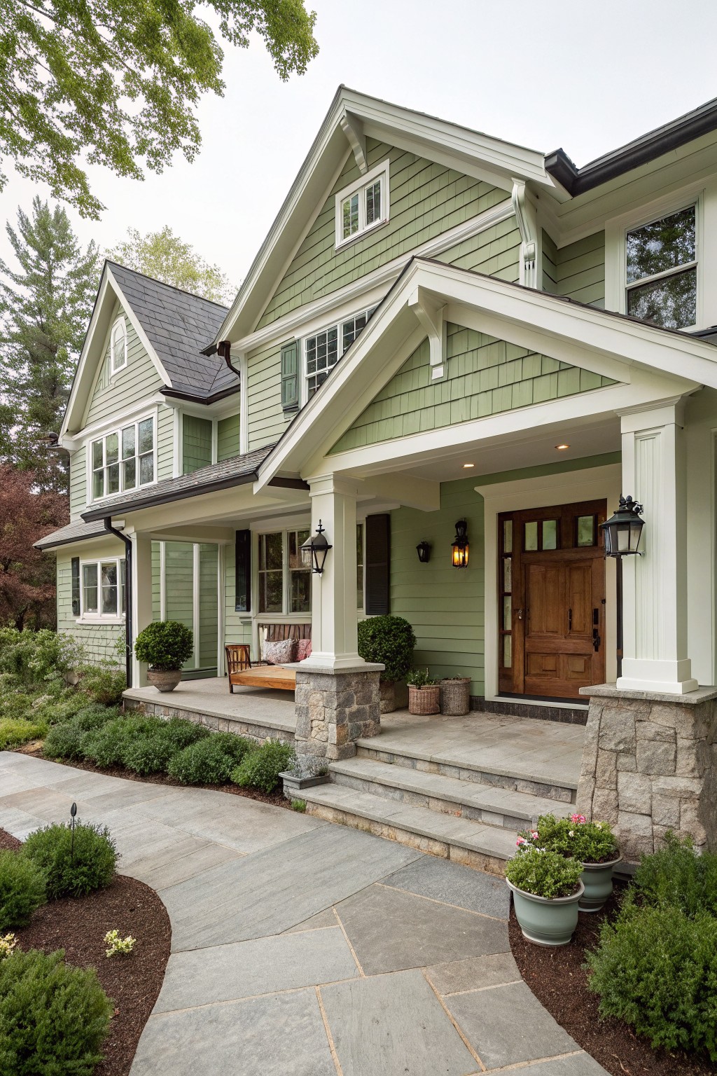 A craftsman house painted in soft sage green with white trim and a stone porch base.