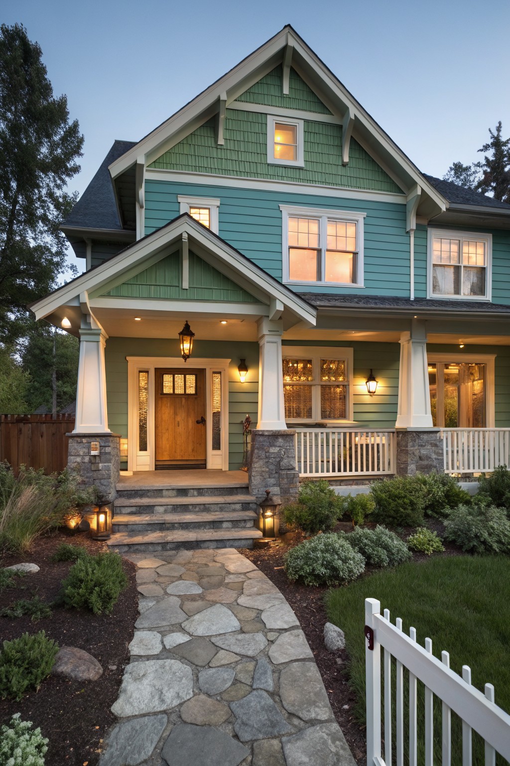 Teal blue-green siding on a craftsman house with white trim.
