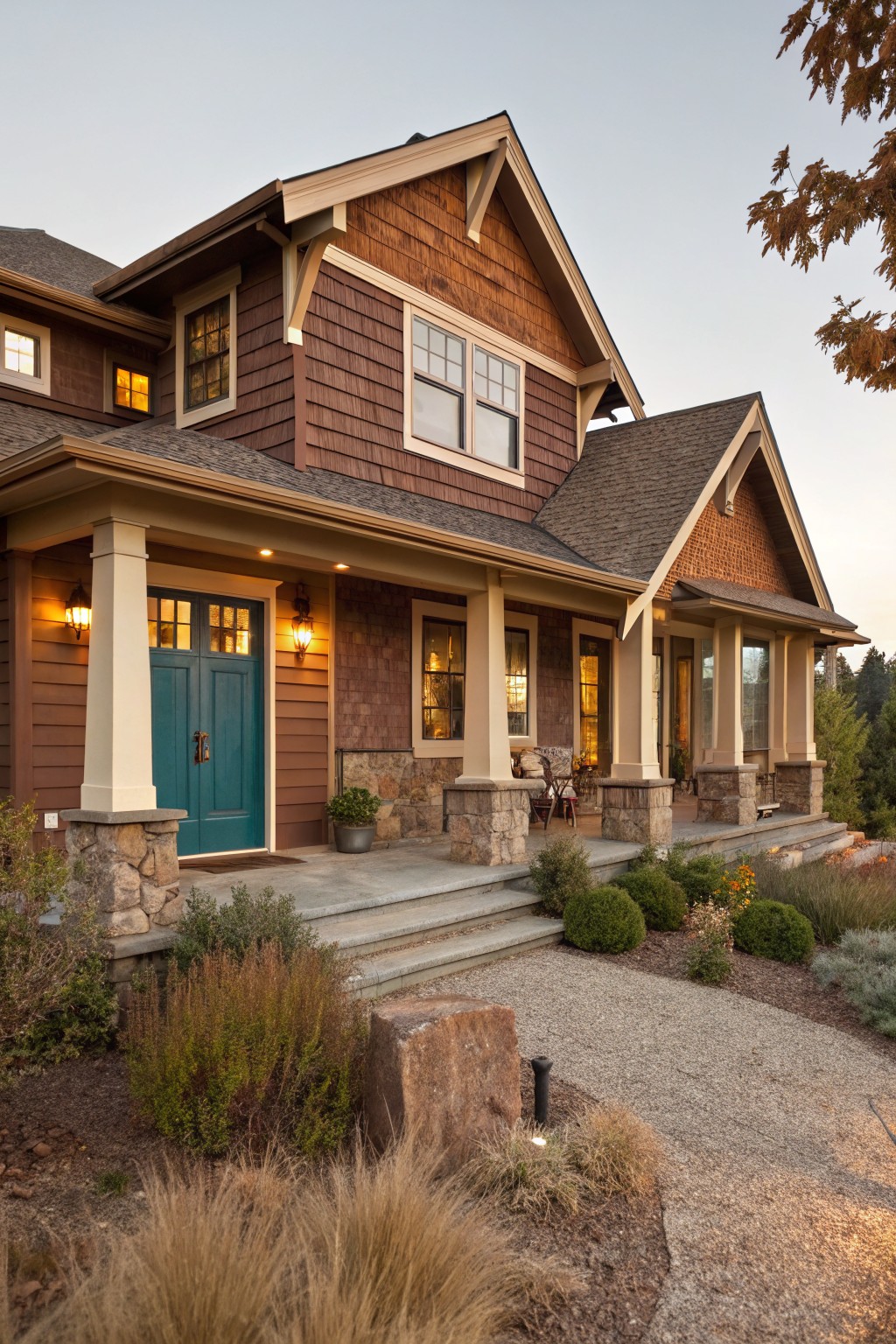 Brown shingled house with teal door, stone porch pillars, and evening lights