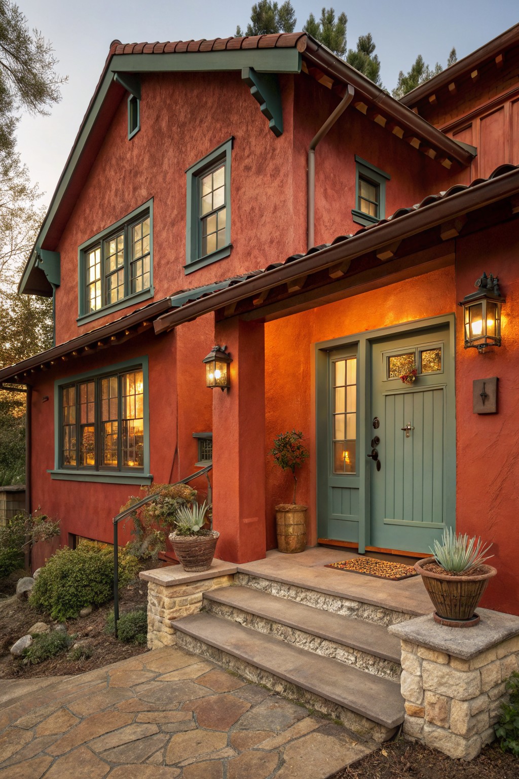 Craftsman home exterior with warm terracotta red stucco siding.