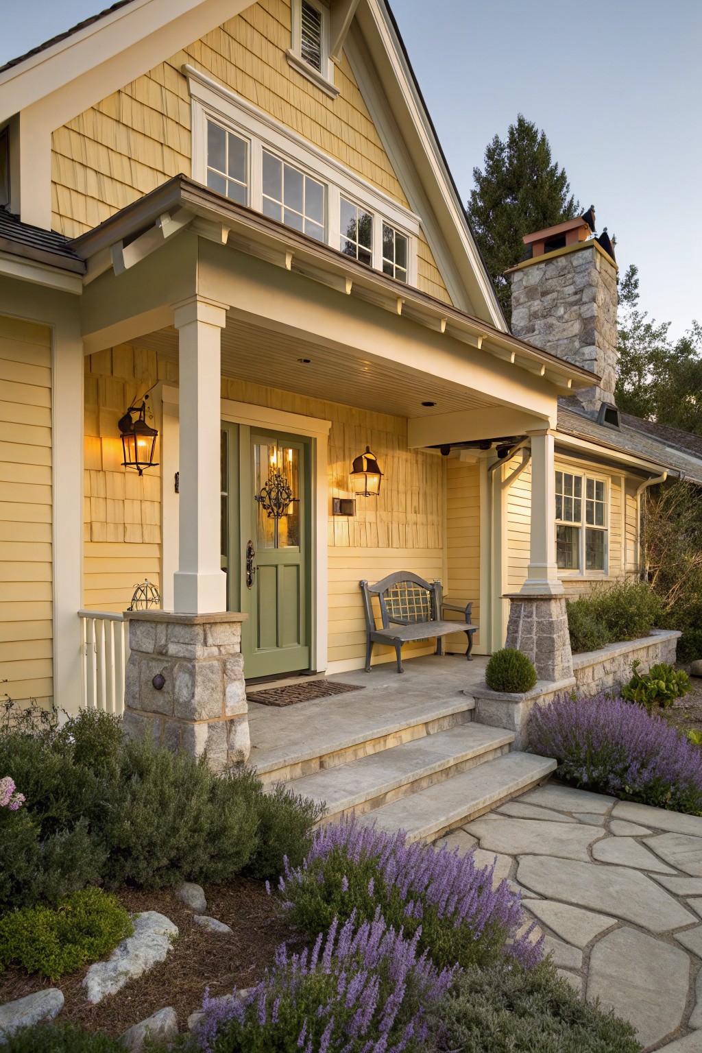 A Craftsman house with soft yellow siding and stone accents on the porch.