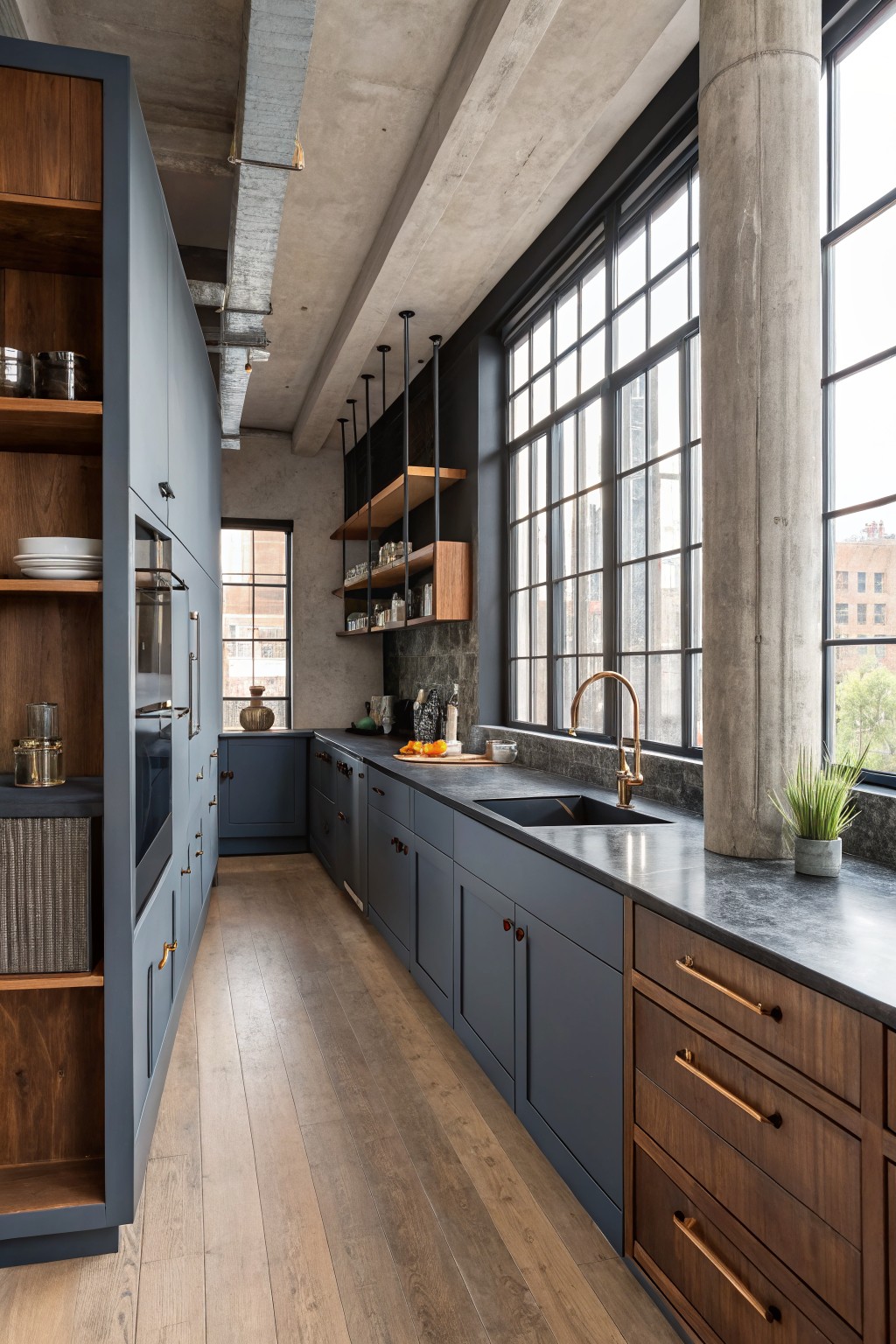 Dark blue gray cabinets in a modern kitchen with wood floors and large windows.