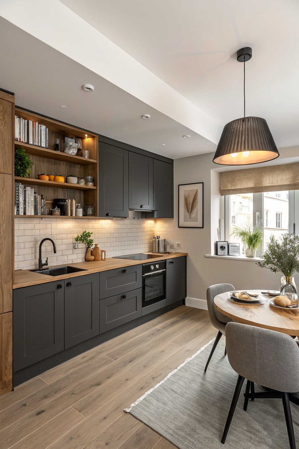 Dark gray kitchen cabinets paired with wood countertops in a modern interior.
