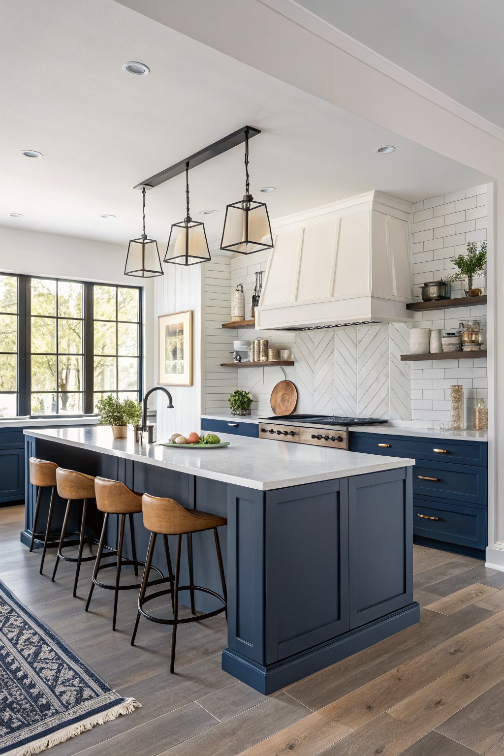 Navy blue cabinets and island in a modern kitchen with white countertops.