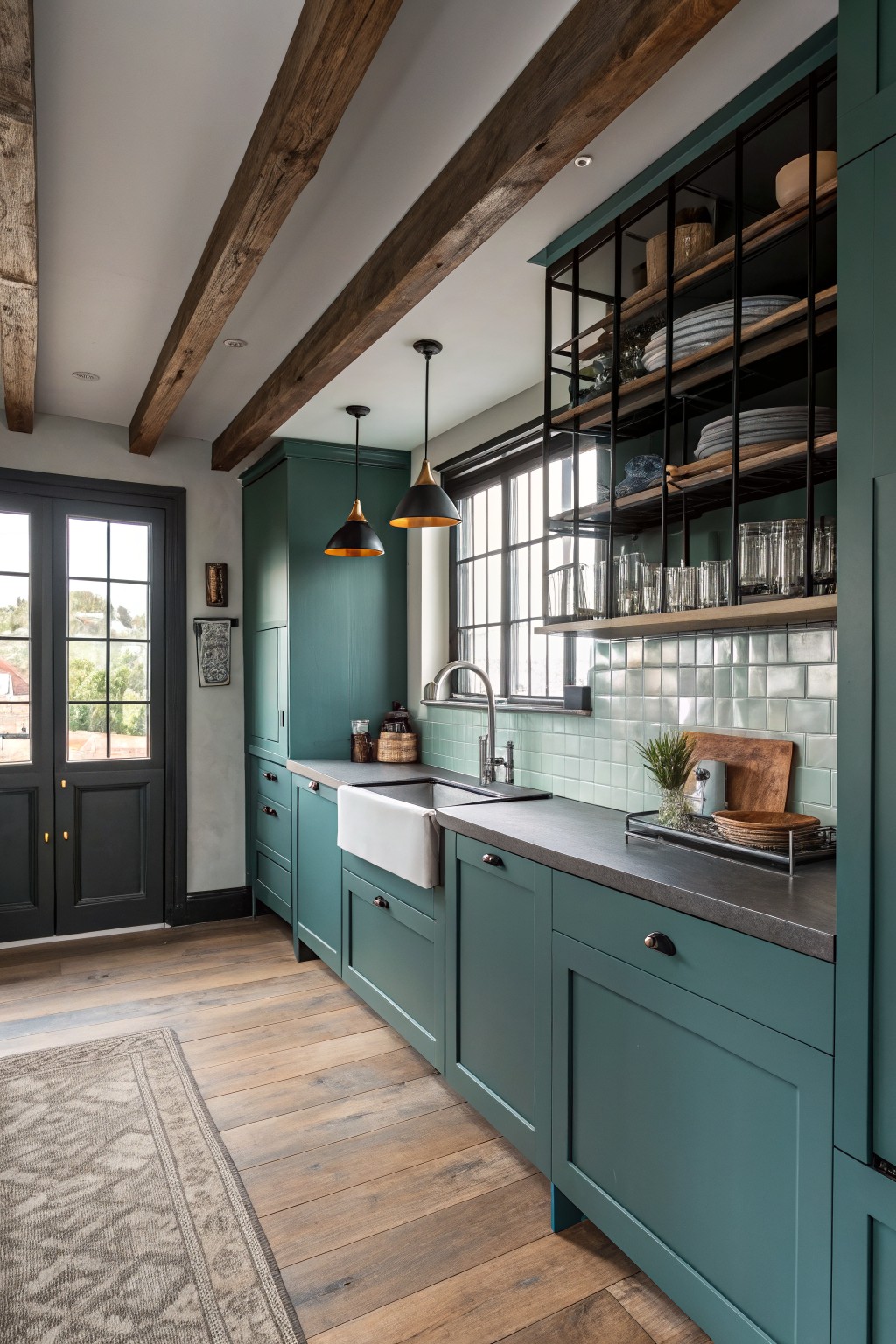 Teal kitchen cabinets paired with wood floors and open shelving.