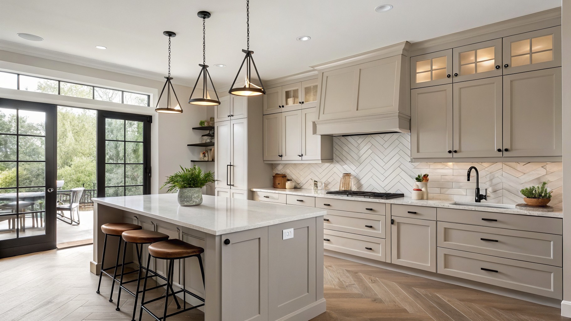Kitchen with light greige cabinets, white countertops, and black hardware.
