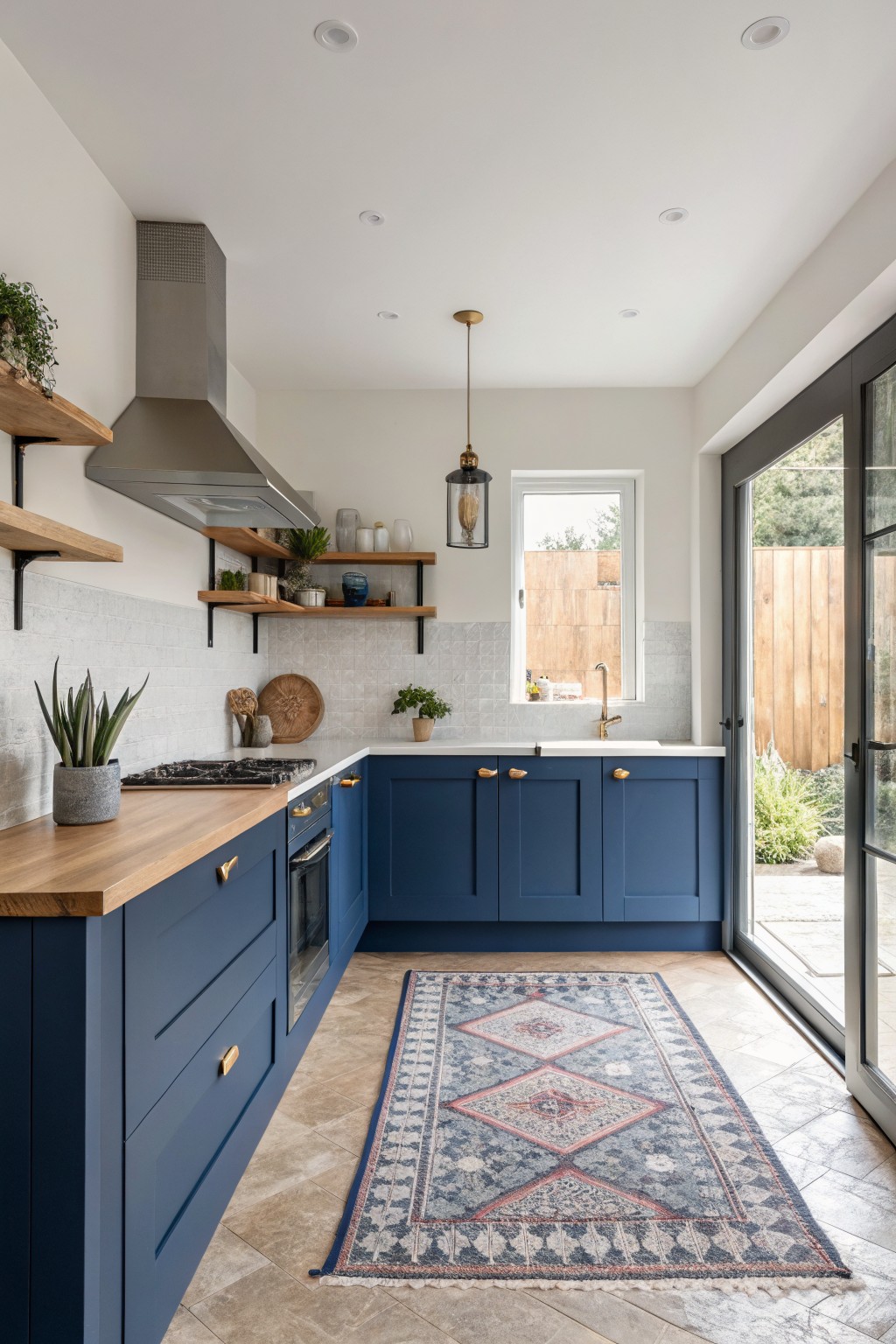 Deep navy blue cabinets fill a bright modern kitchen with white walls and wood countertops.