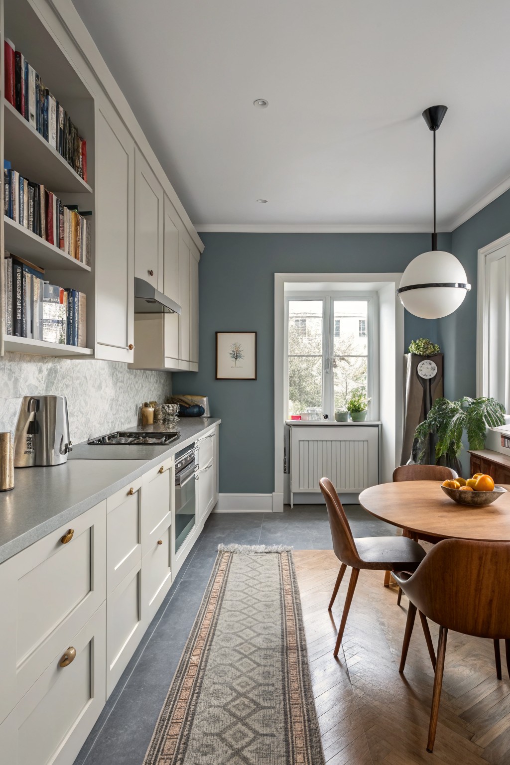 Modern kitchen with white cabinets, gray counters, round dining table, and blue walls.