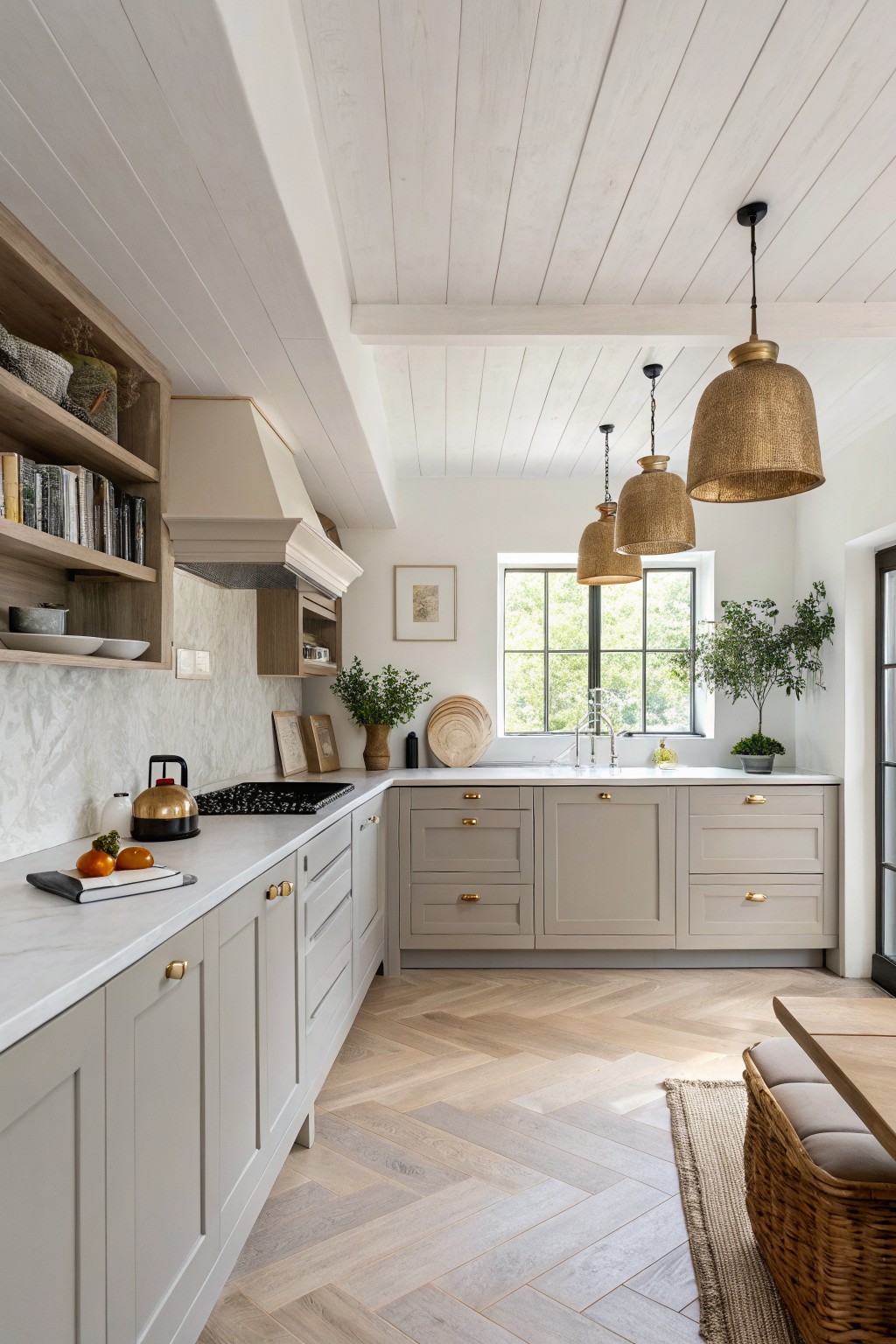 Light greige cabinets line a bright kitchen with wood flooring.