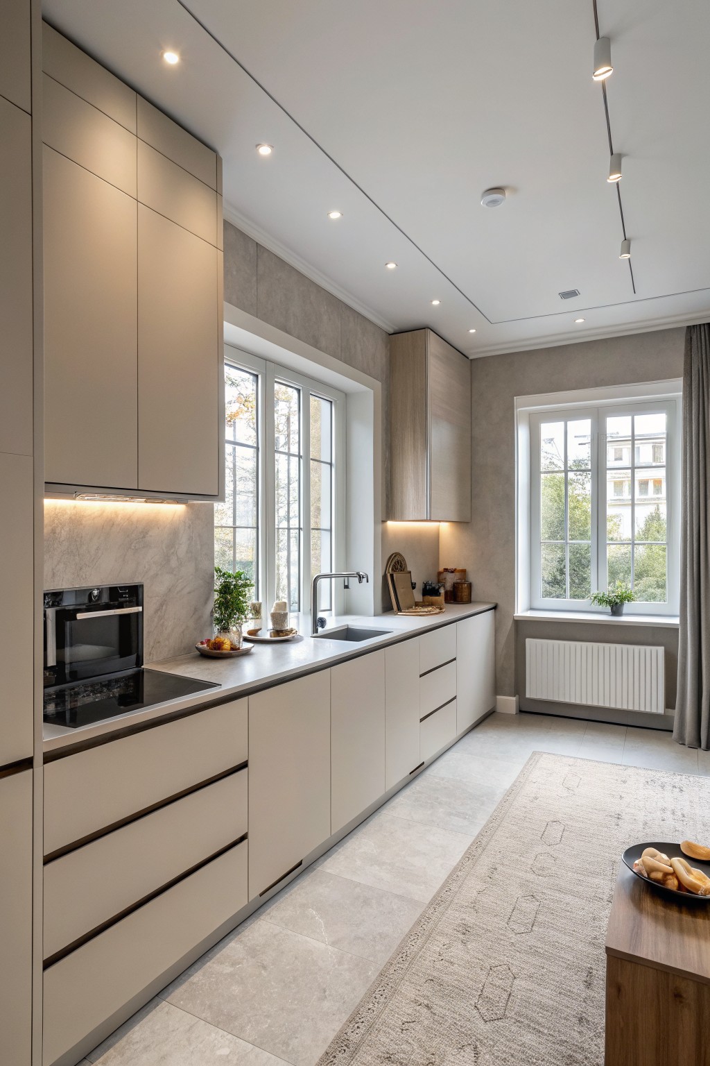 Modern kitchen with beige cabinets, marble counters, sink, windows, and area rug.