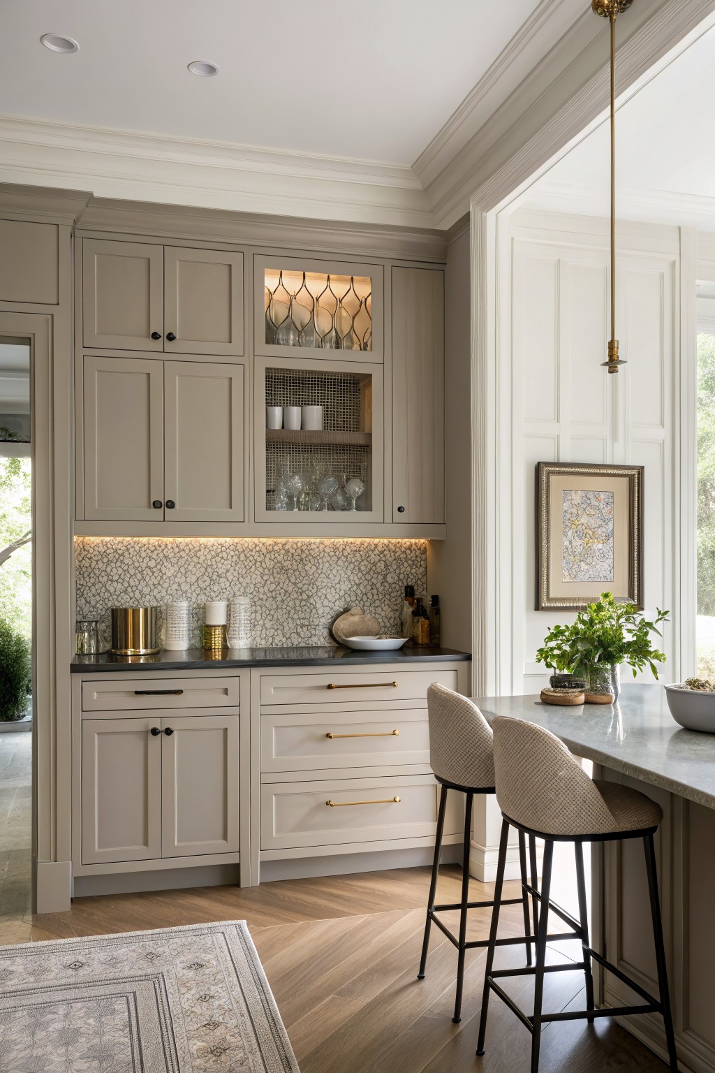 Light greige cabinets line a modern kitchen with a stone backsplash and wood flooring.