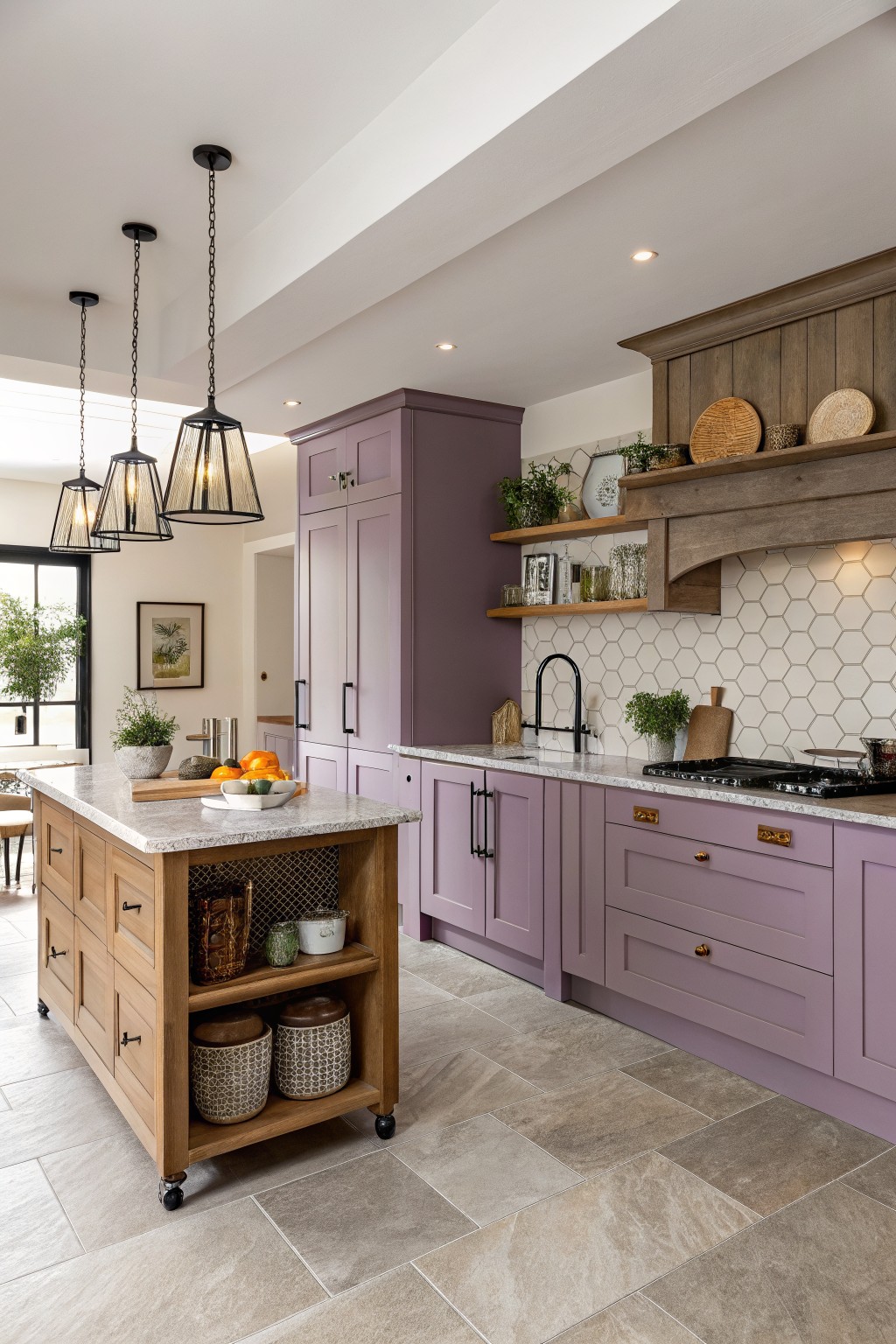 Soft lavender kitchen cabinets next to a wooden island and stone counters.