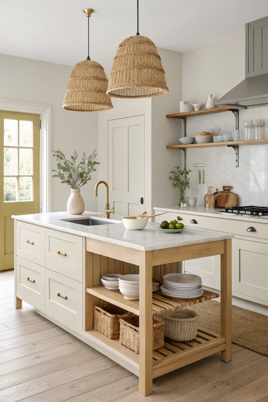 A bright kitchen with soft off-white walls and cabinetry.