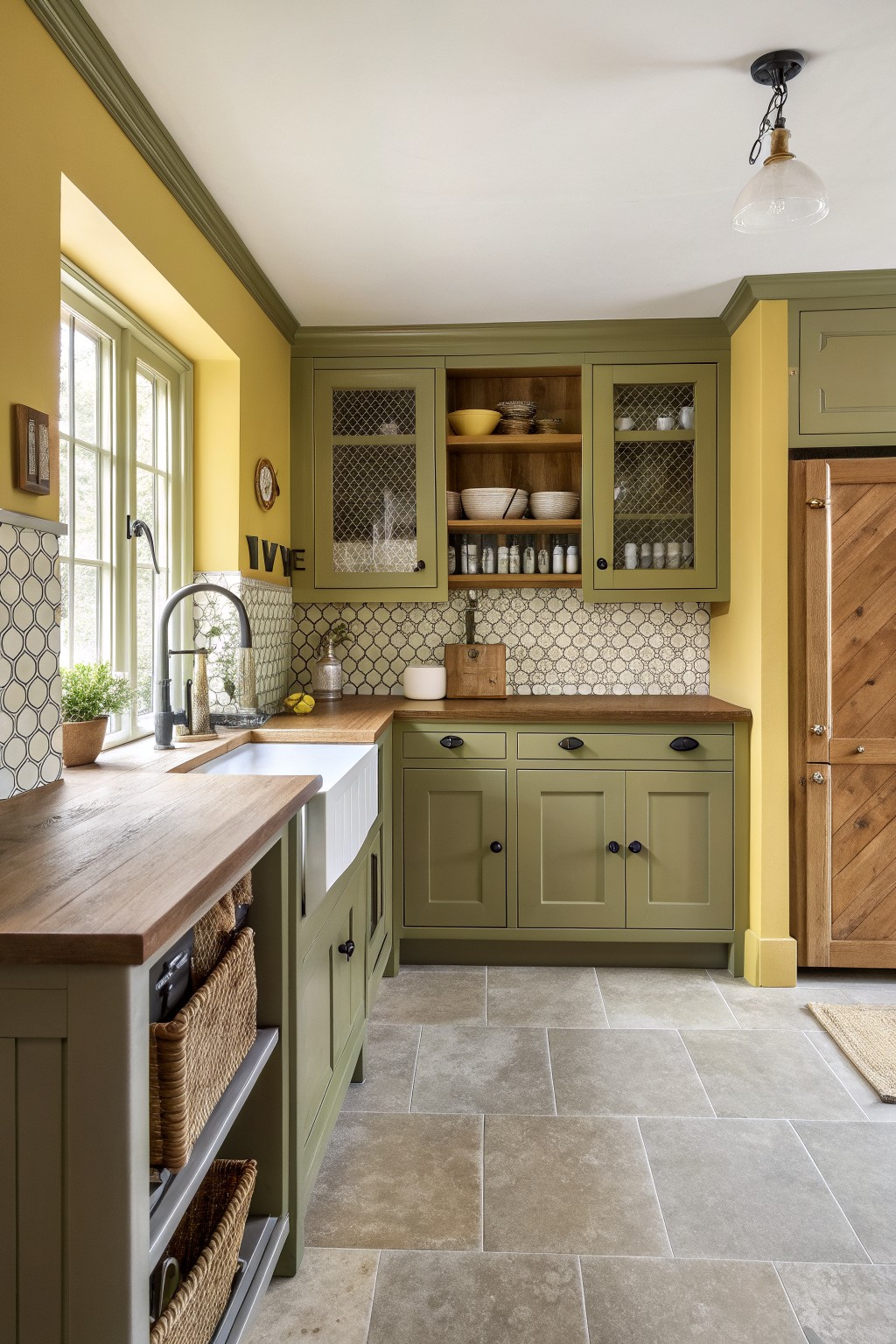 Kitchen with muted sage green cabinets and wood countertops.