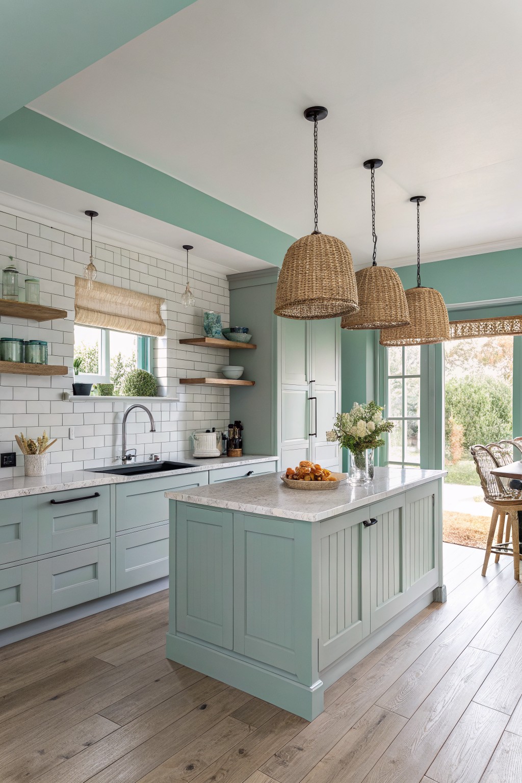 A kitchen with soft sage green cabinets and a matching island.