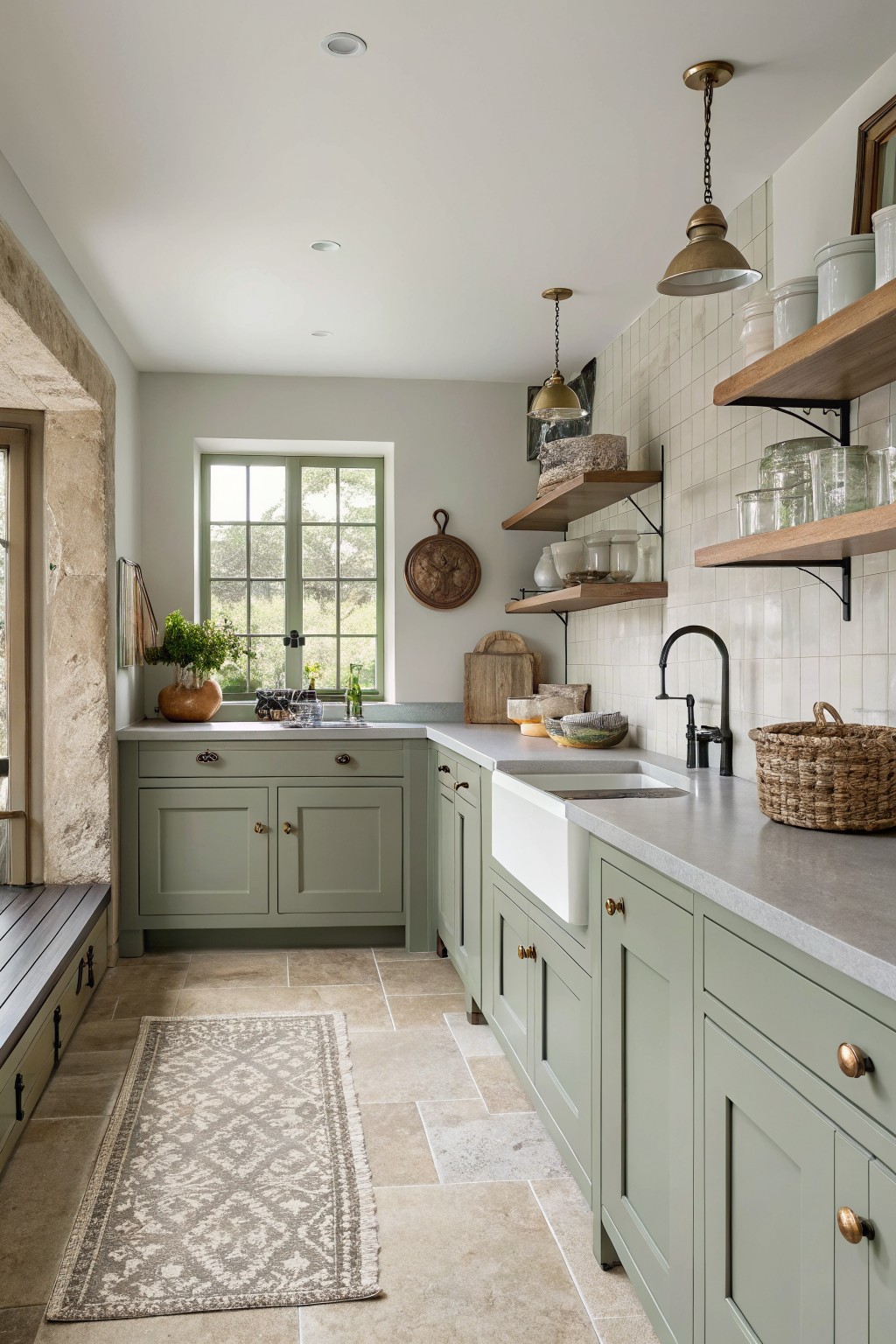 Sage green kitchen cabinets with white tile and wood floating shelves.