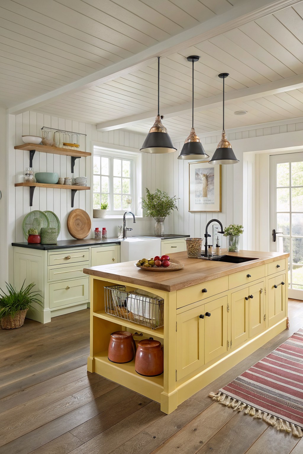 Yellow painted kitchen island with wood countertop in a bright white kitchen.