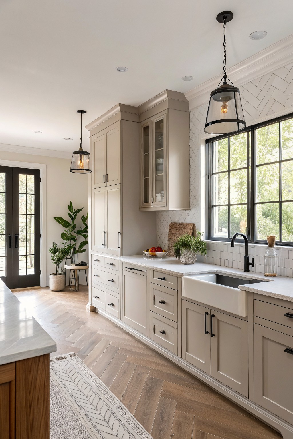 Kitchen with light greige cabinets, white countertops, and black hardware.