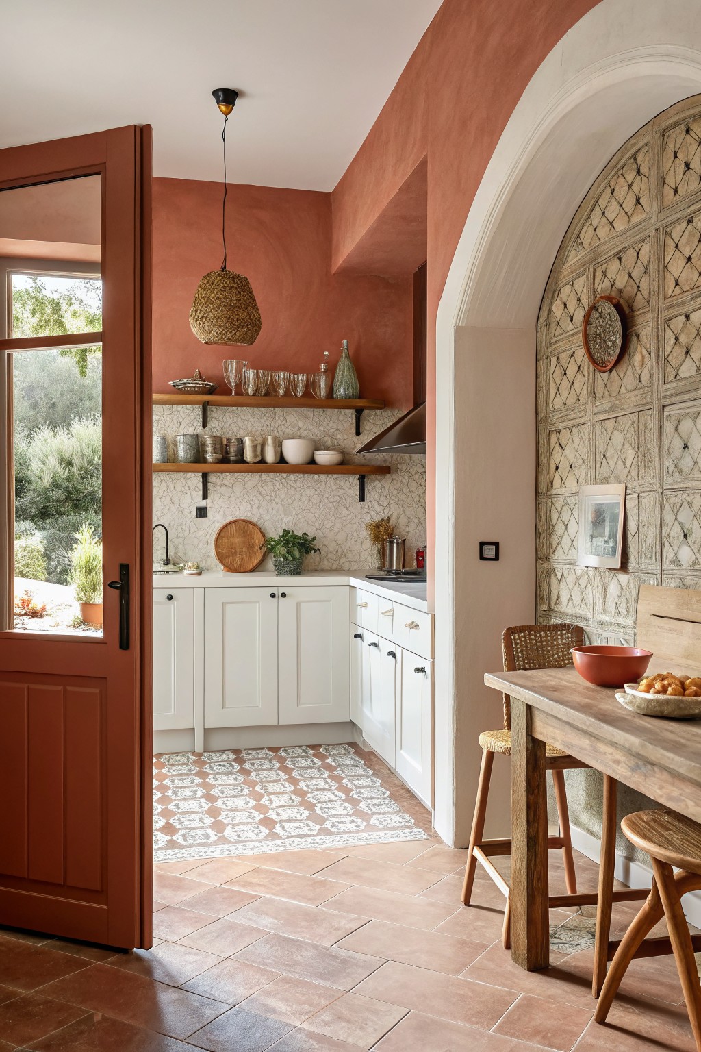 Warm terracotta walls in a kitchen with white cabinets and open shelves.