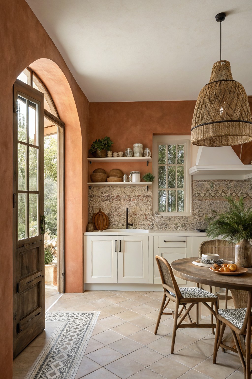 Kitchen walls painted in a warm terracotta shade with white cabinetry.